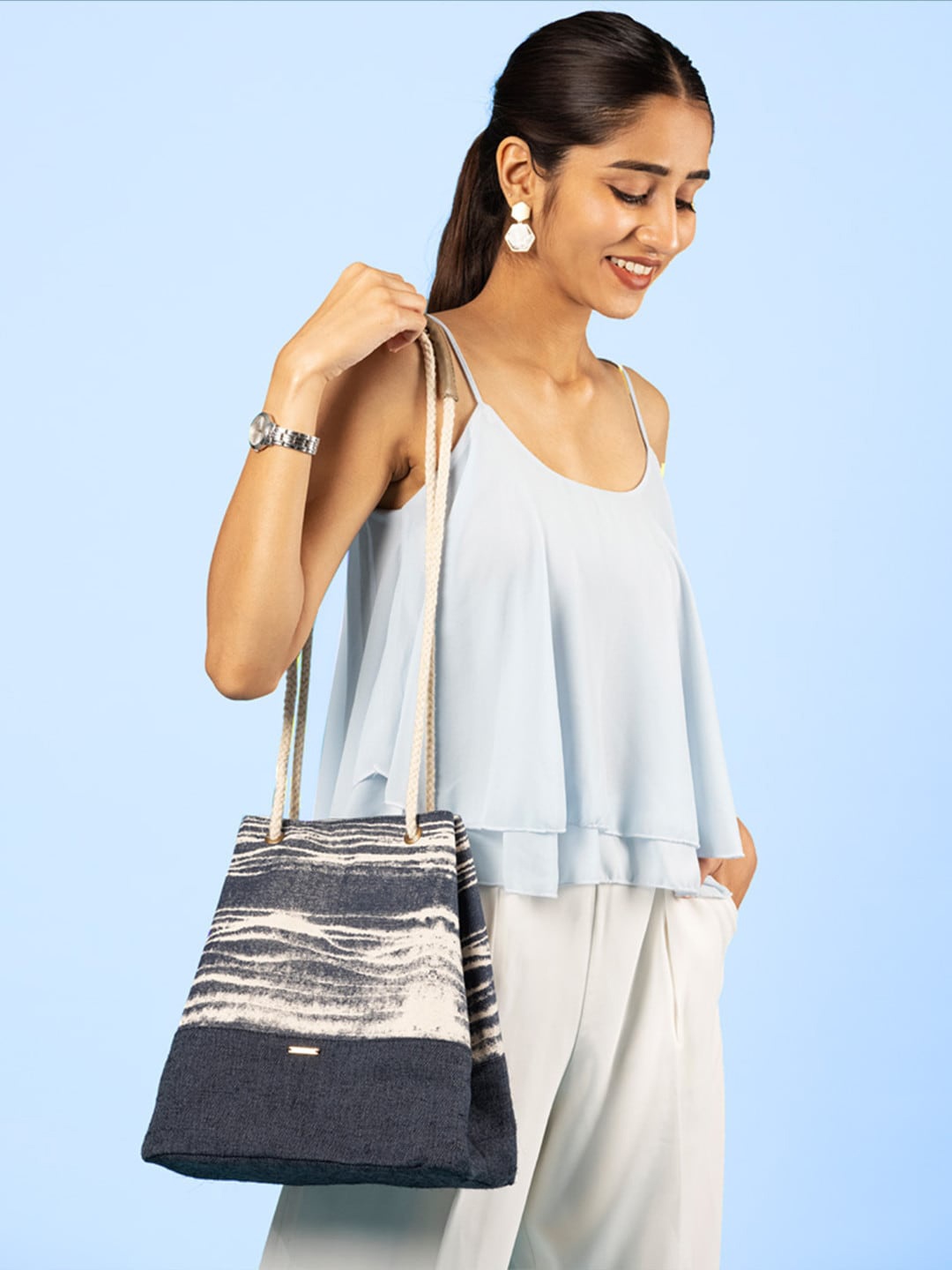 

EcoRight Blue Striped Oversized Cotton Structured Sling Bag