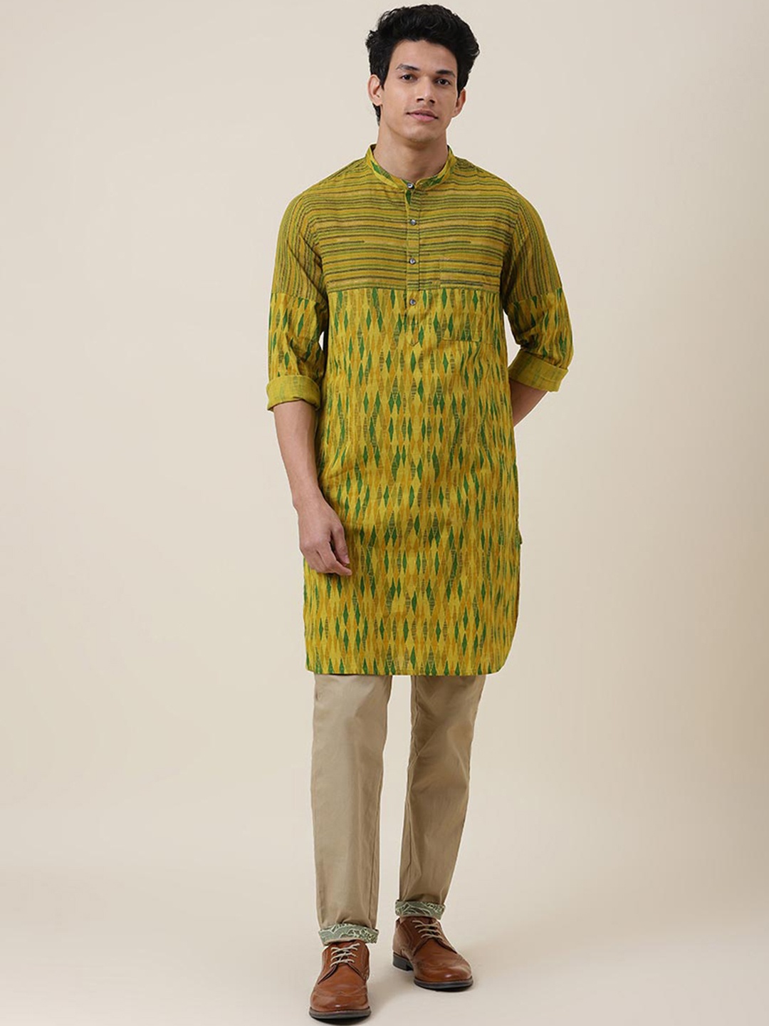 

Fabindia FabBasic Men Yellow Printed Cotton Kurta