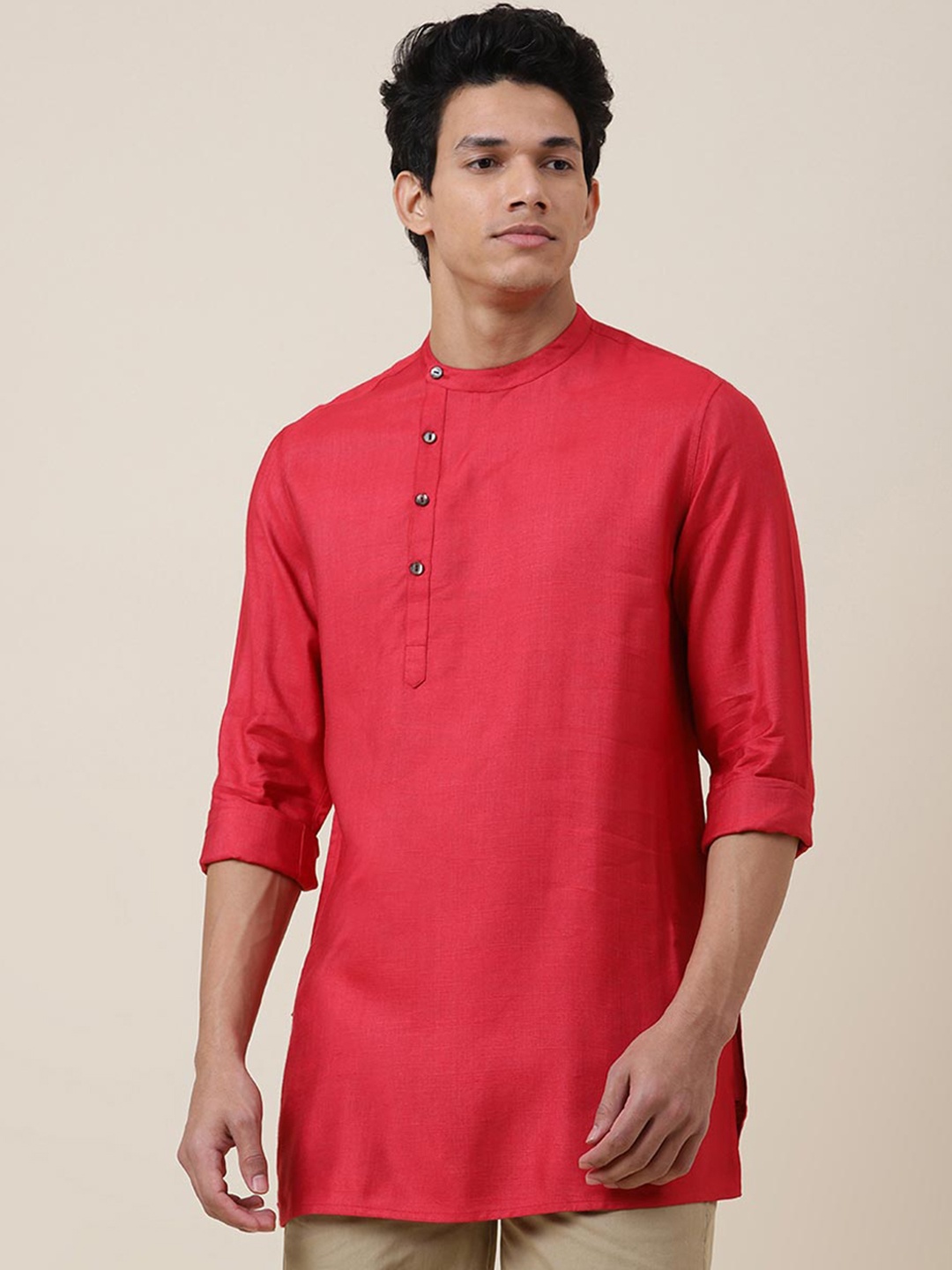 

Fabindia Mandarin Collar Pathani Style High Slit Cotton Kurta, Red