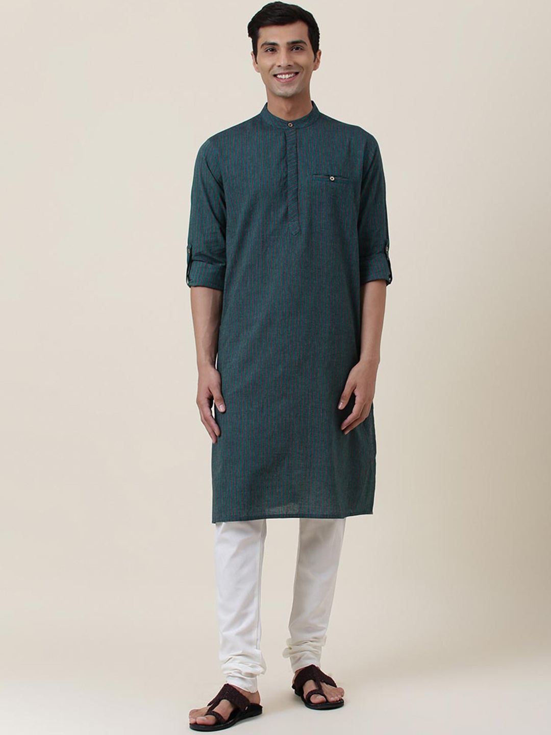 

Fabindia Striped Mandarin Collar Zari Cotton Kurta, Green