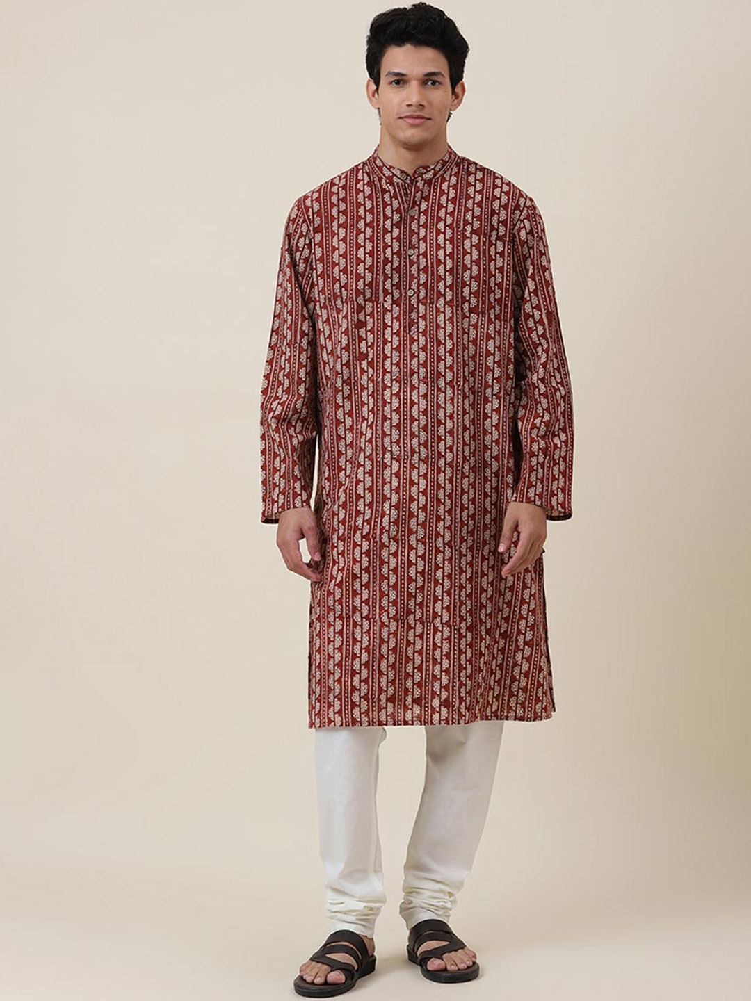 

Fabindia Men Brown & Off White Floral Printed Cotton Kurta