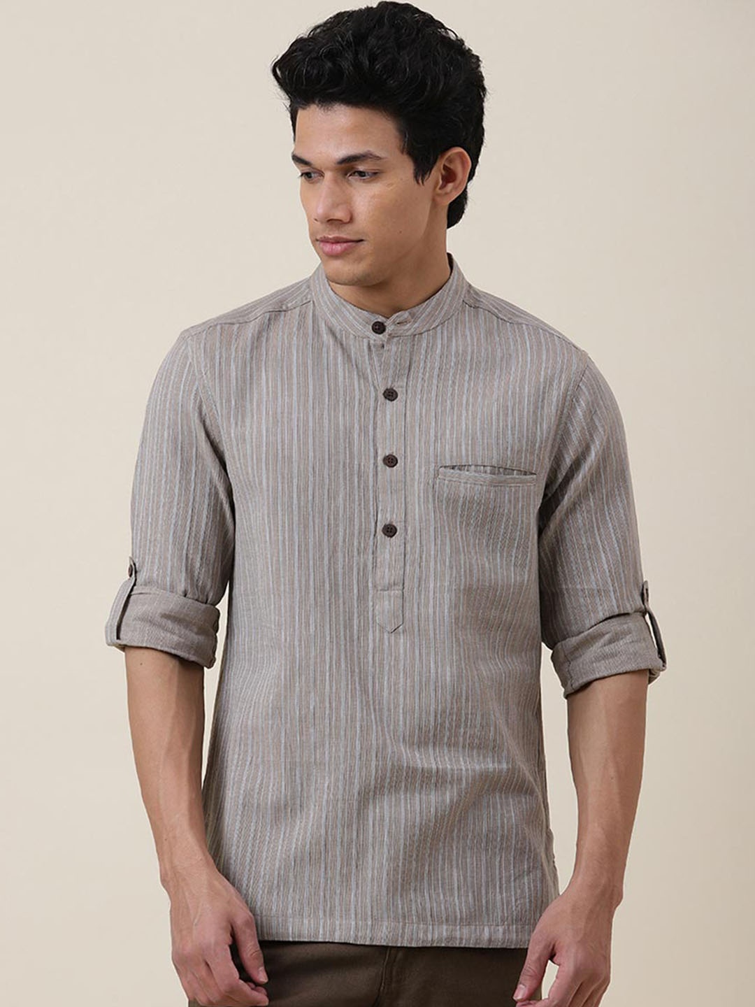 

Fabindia Men Grey Striped Cotton Kurta