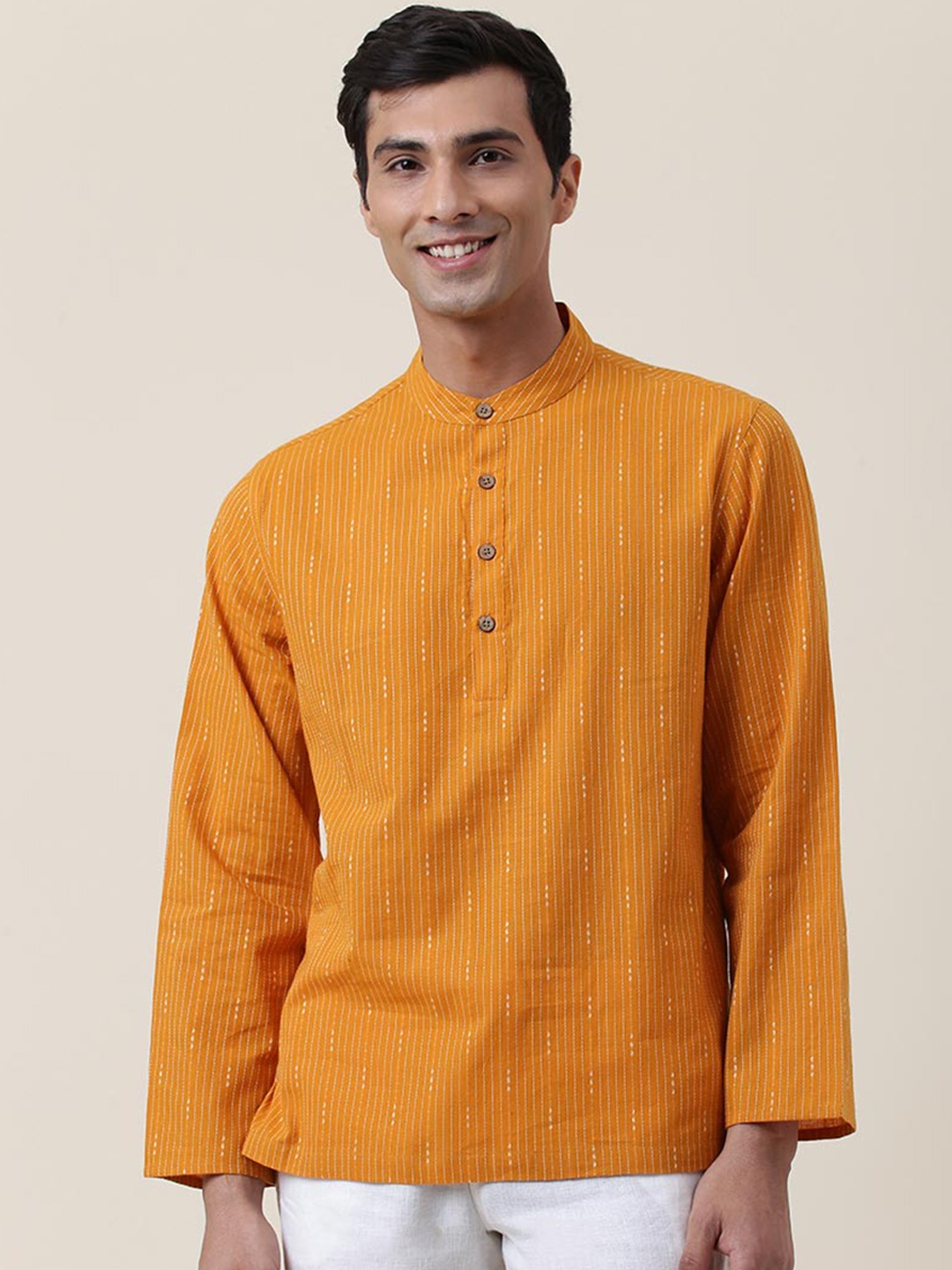 

Fabindia Men Mustard Yellow Embroidered Straight Cotton Kurta