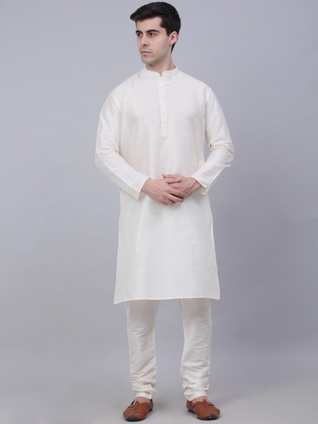 

Jompers Men Off White Solid Kurta with Churidar with Waistcoat