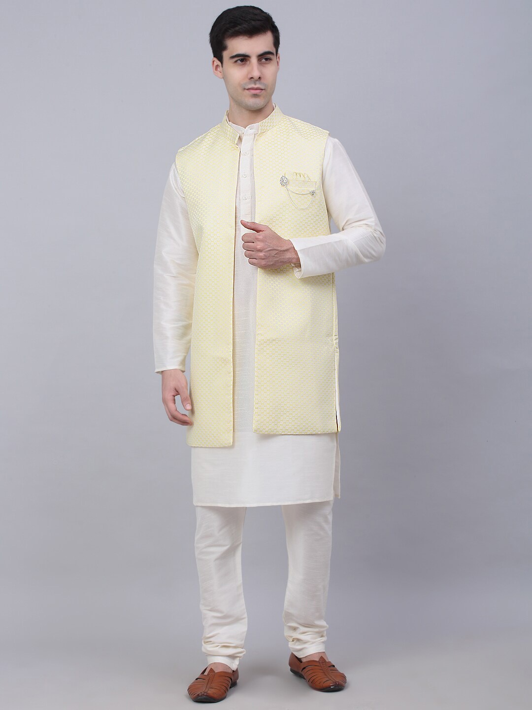 

Jompers Men Off White Solid Kurta with Churidar with Waistcoat