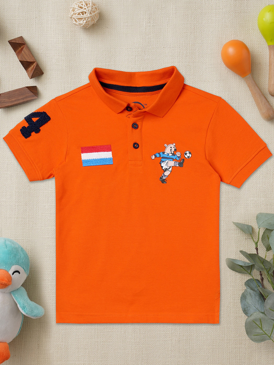 

ZION Boys Orange Printed Polo Collar Cotton Bio Finish T-shirt