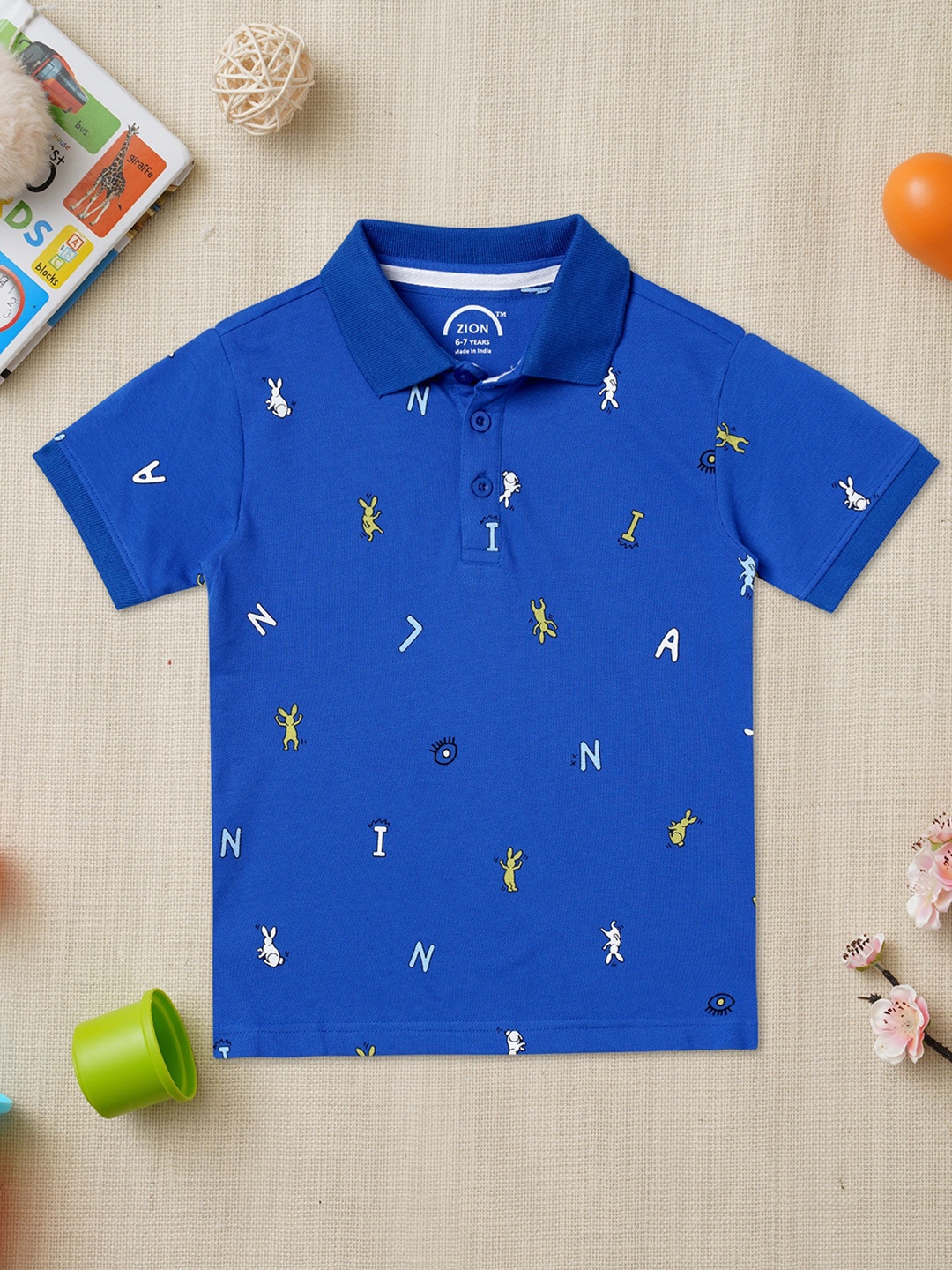 

ZION Boys Blue Printed Polo Collar Cotton T-shirt
