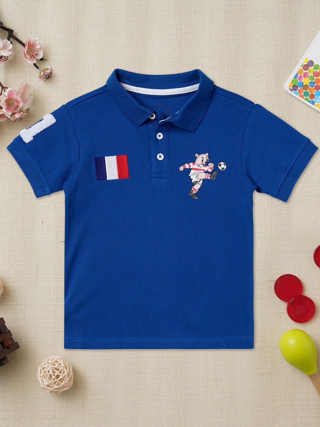 

ZION Boys Blue Printed Polo Collar Applique Cotton T-shirt