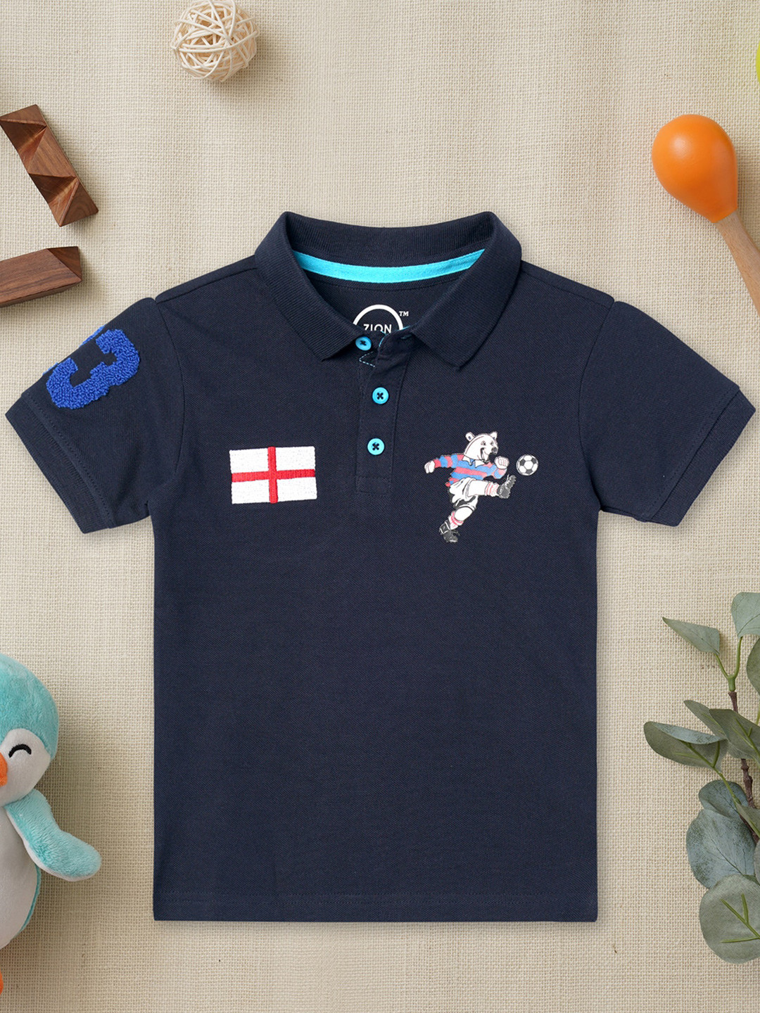 

ZION Boys Navy Blue Printed Polo Collar Applique Cotton T-shirt
