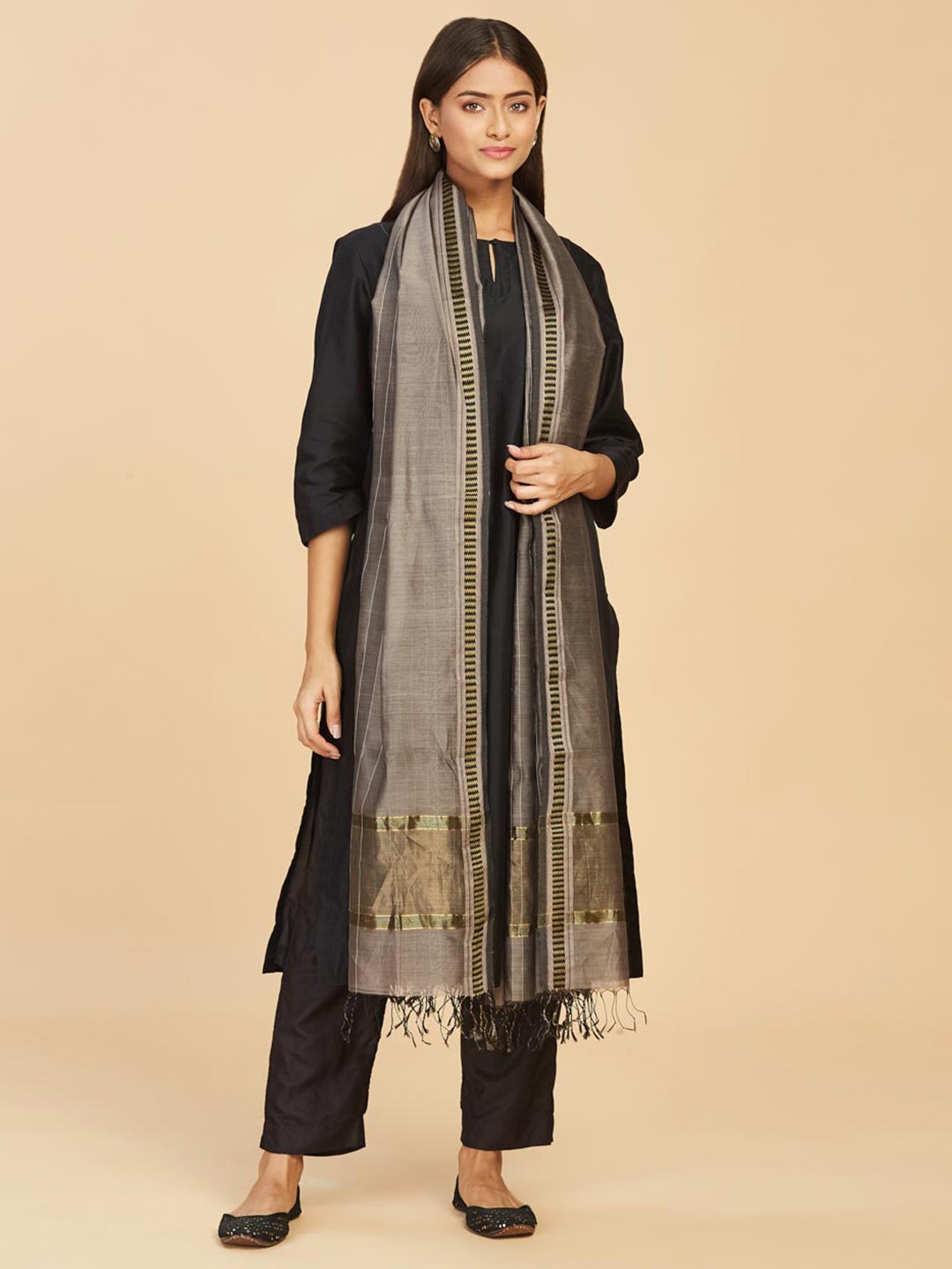 

Fabindia Charcoal & Gold-Toned Printed Cotton Silk Dupatta