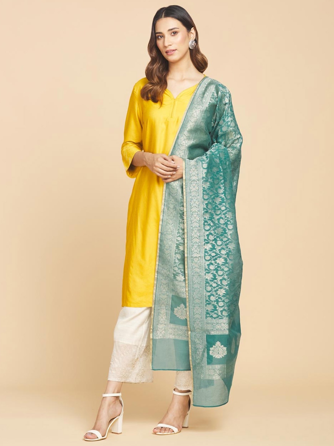 

Fabindia Blue & Gold-Toned Woven Design Cotton Silk Dupatta with Thread Work