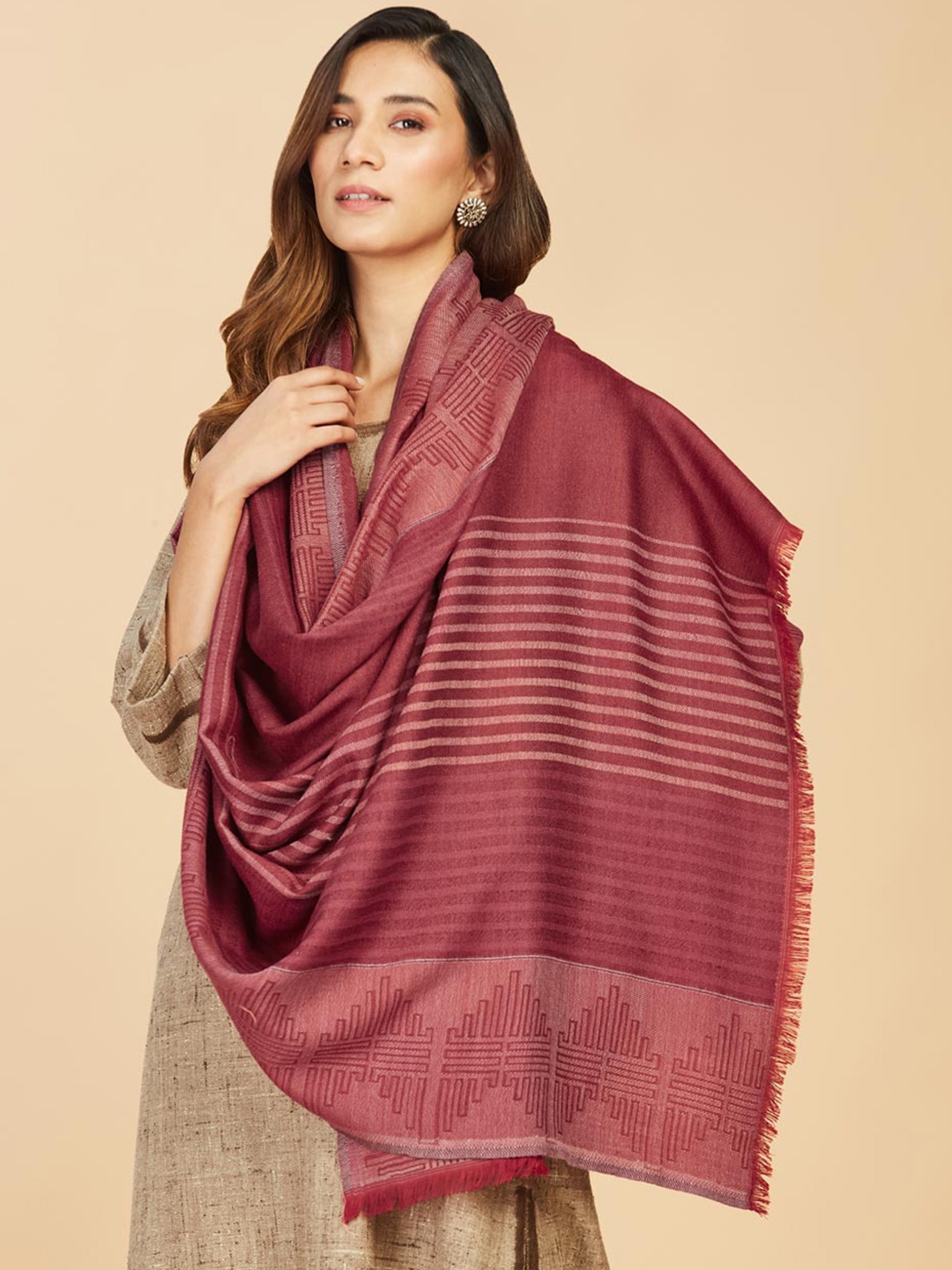 

Fabindia Women Maroon Striped Pure Woolen Shawl