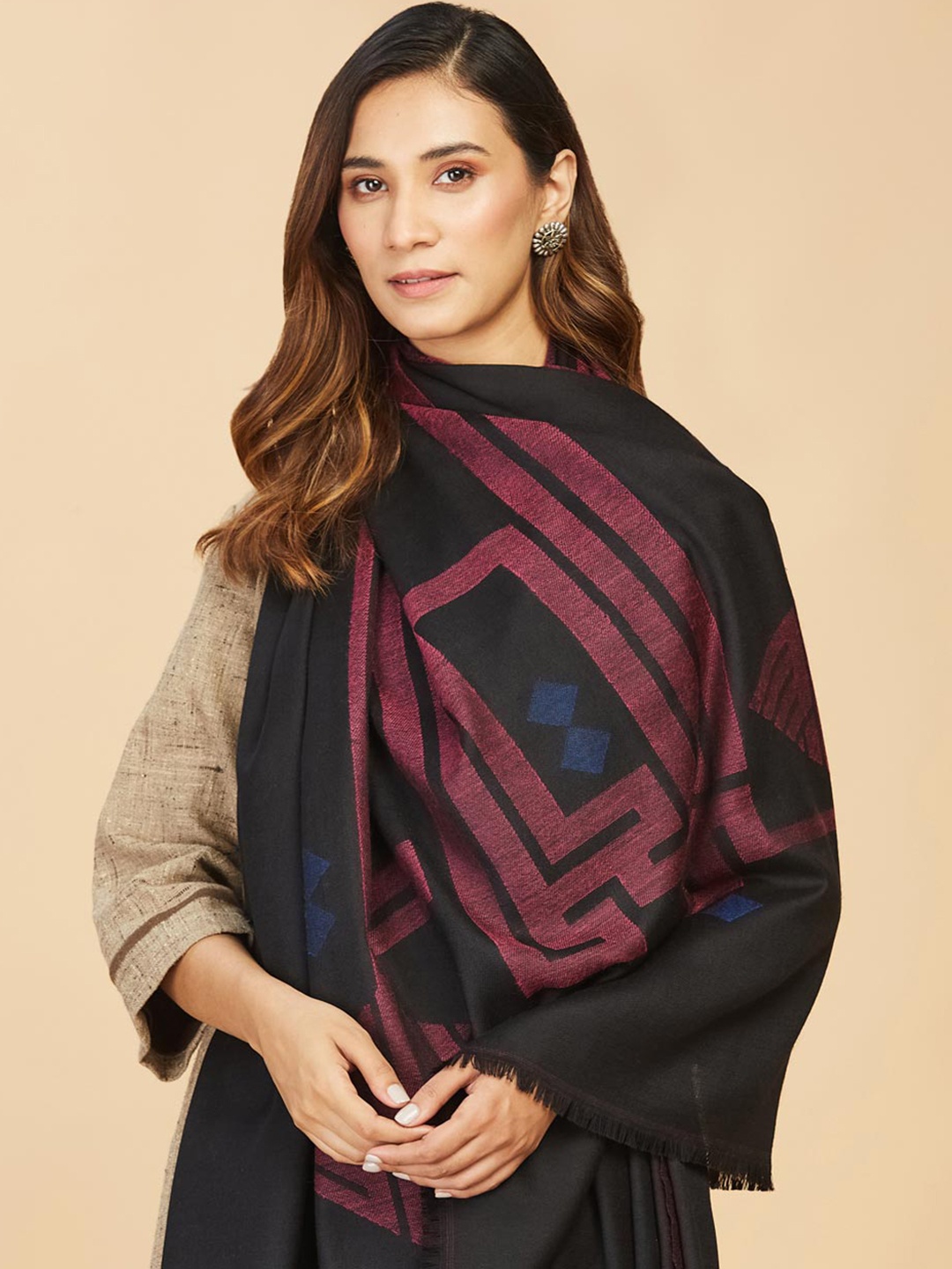 

Fabindia Women Black & Maroon Woven Design Woolen Shawl