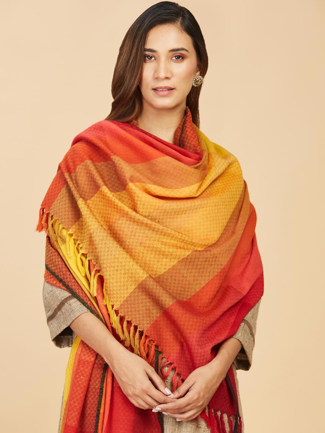 

Fabindia Women Red & Yellow Striped Woven Design Pure Wool Shawl