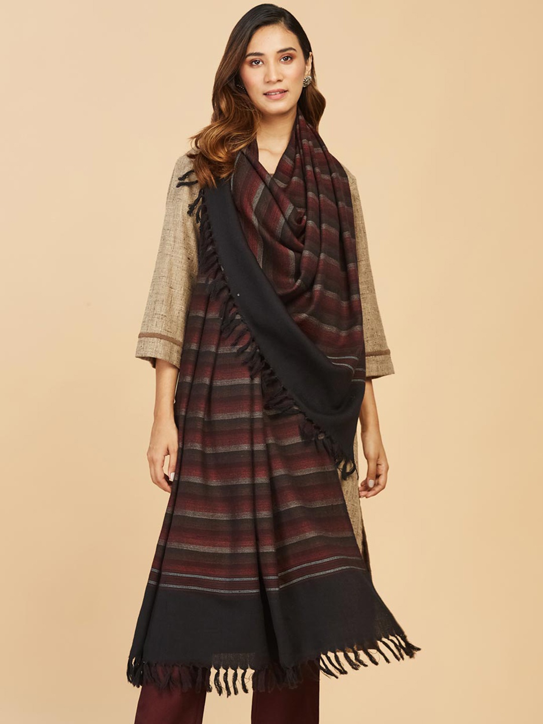 

Fabindia Women Brown & Maroon Woven Design Woolen Shawl, Black