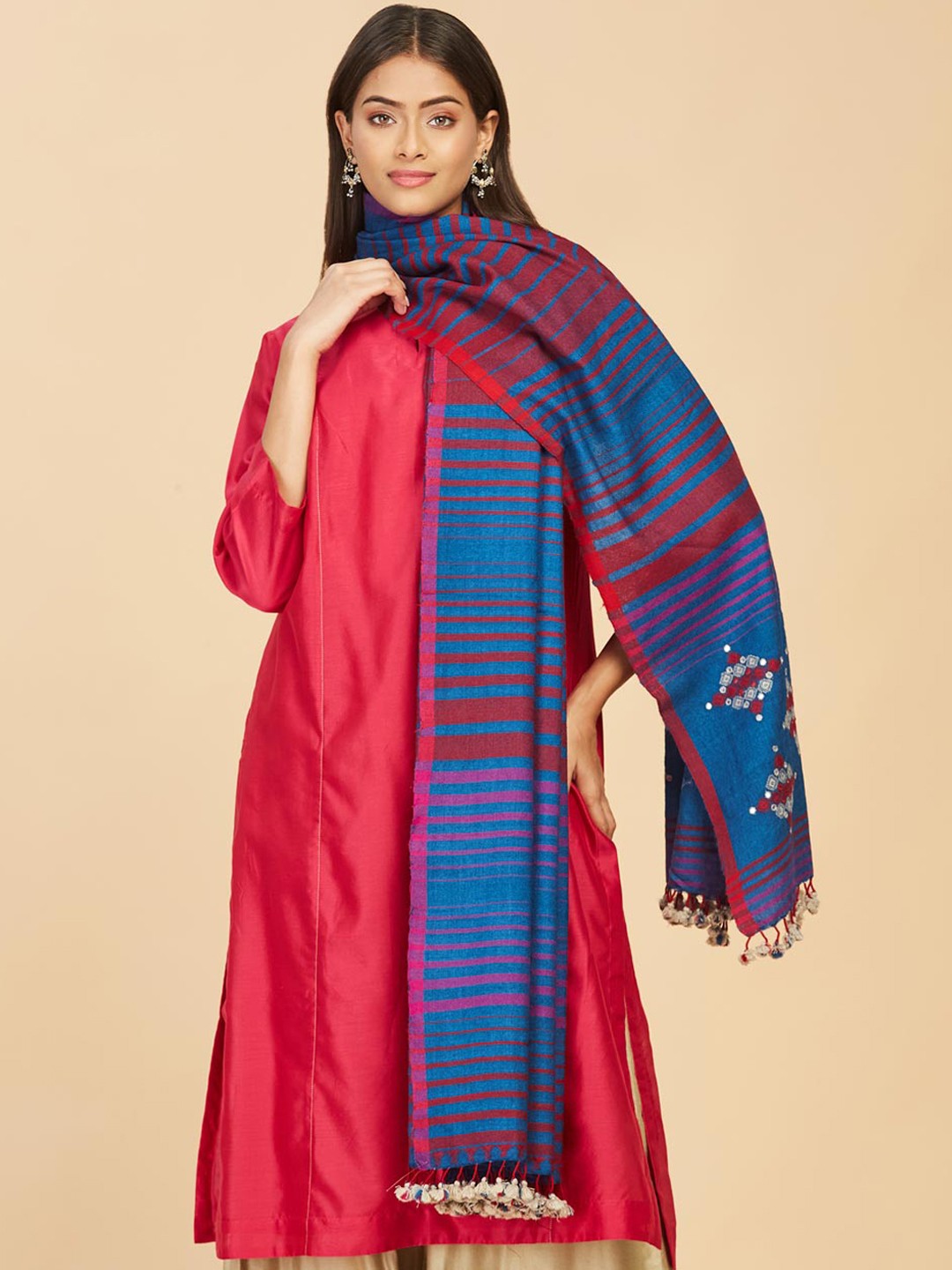 

Fabindia Women Blue & Red Embellished Woolen Shawl