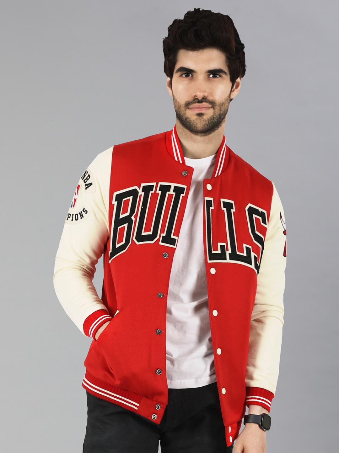 

NBA Men Red Chicago Bulls Typography Letterman Jacket
