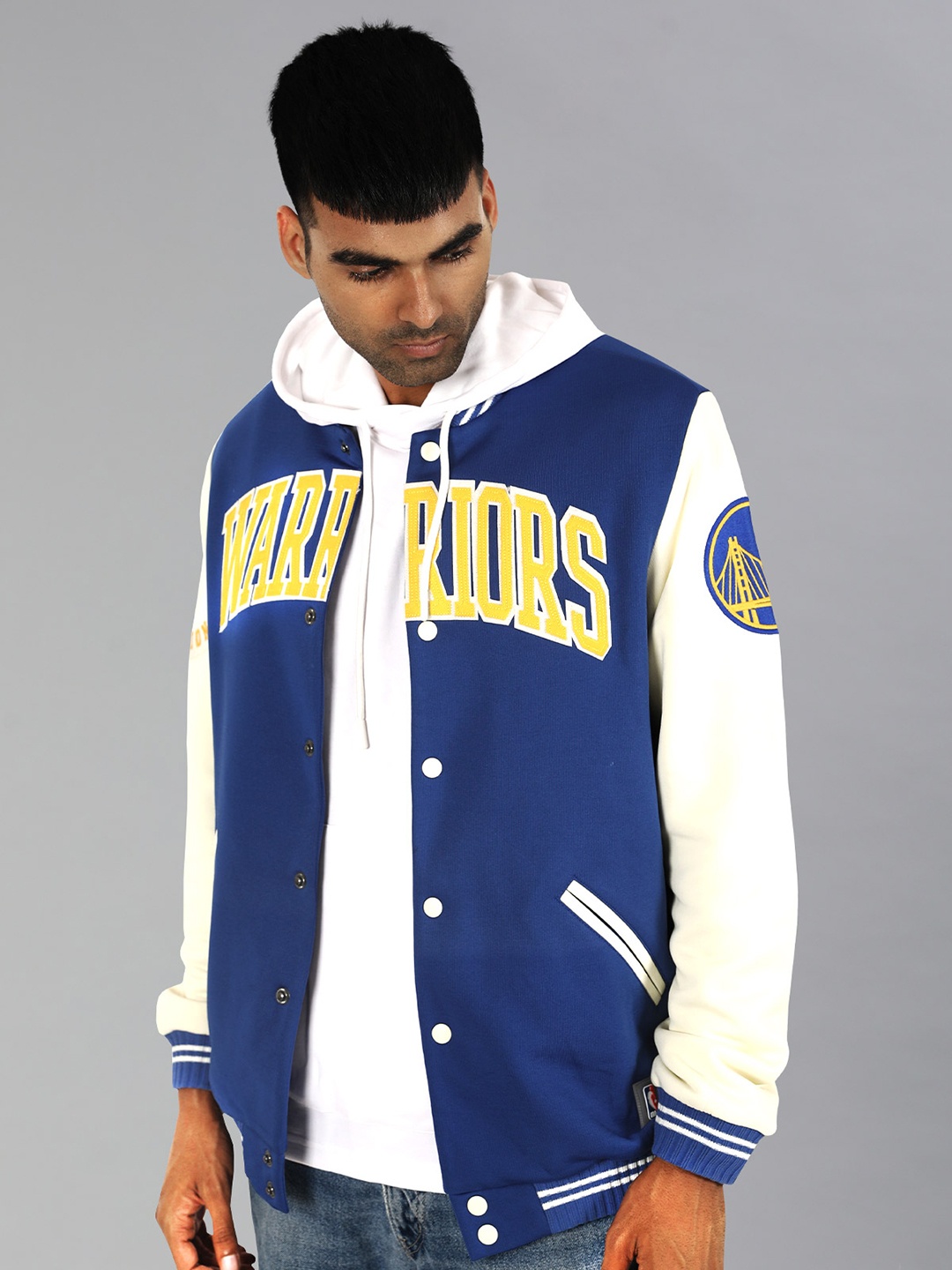 

NBA Men Royal Blue Golden State Warriors Typography Letterman Bomber Jacket