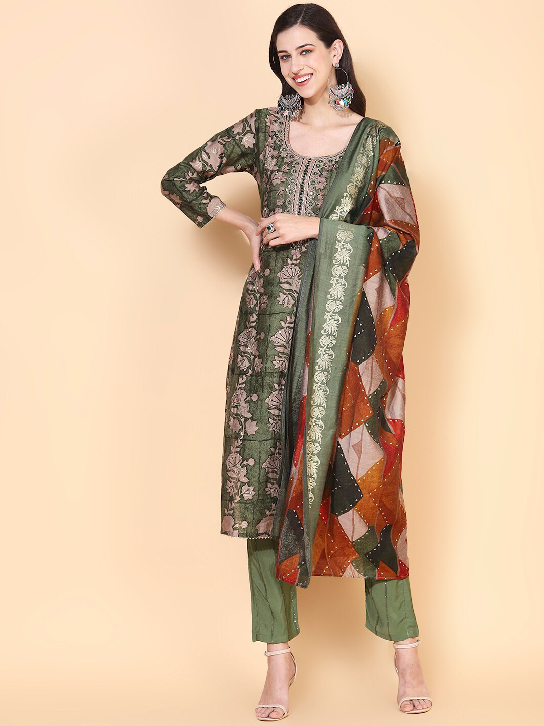 

FASHOR Women Olive Green Floral Printed Mirror Work Kurta with Trousers & With Dupatta