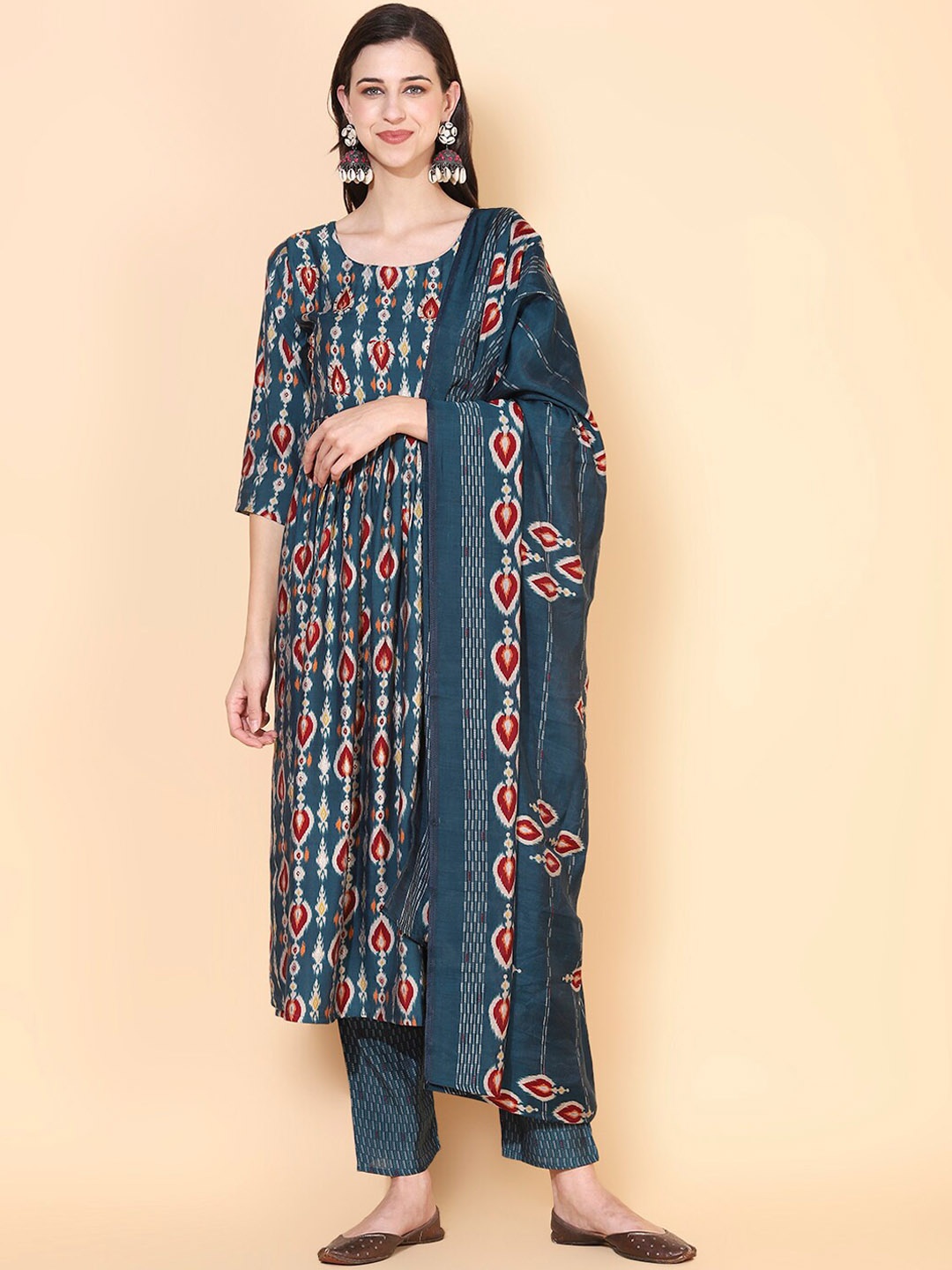 

FASHOR Women Teal Ethnic Motifs Printed Pleated Thread Work Kurta with Trousers & With Dupatta