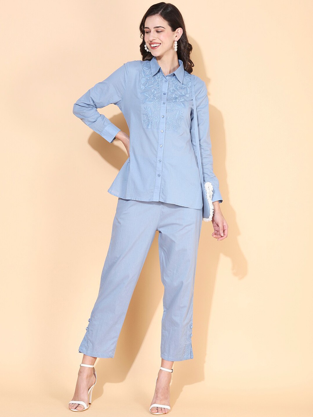 

FASHOR Women Blue Yoke Embroidered Pure Cotton Shirt & Trouser Co-ords