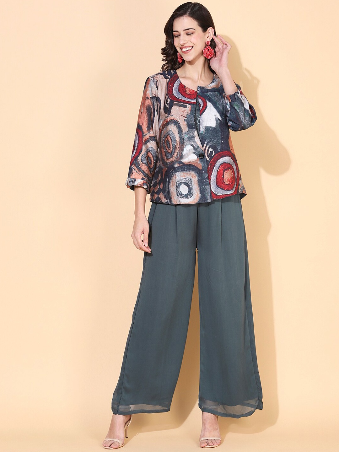 

FASHOR Women Teal Blue Ethnic Embroidered Top with Palazzo & Abstract Printed Blazer Co-Odrs