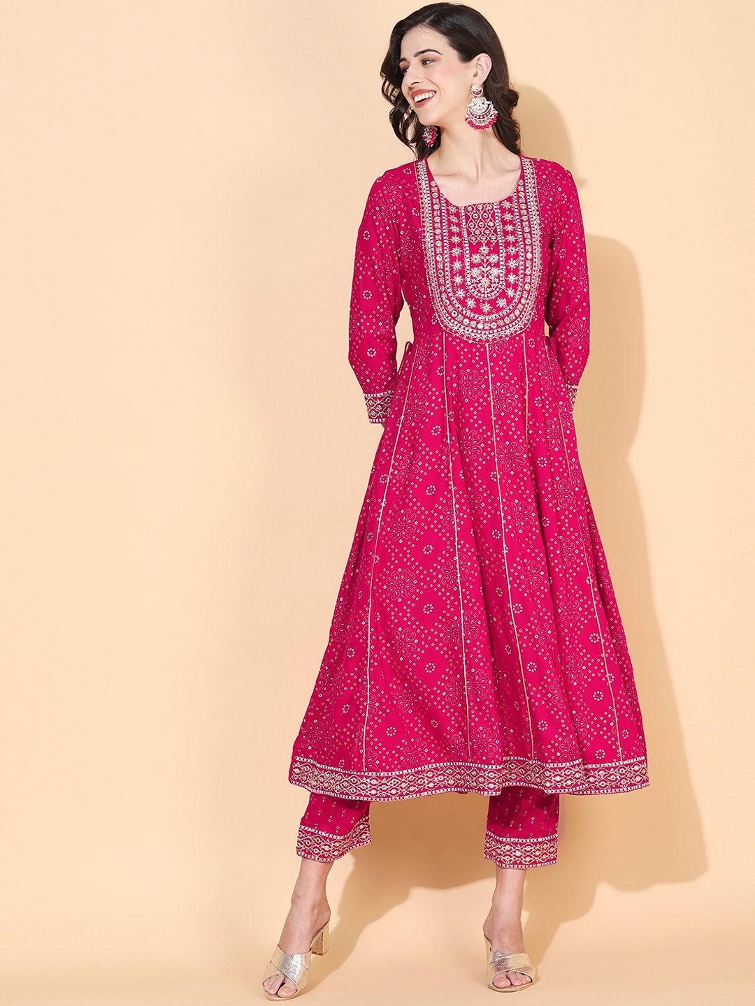 

FASHOR Women Fuchsia Bandhani Embroidered Panelled Mirror Work Kurta with Trousers