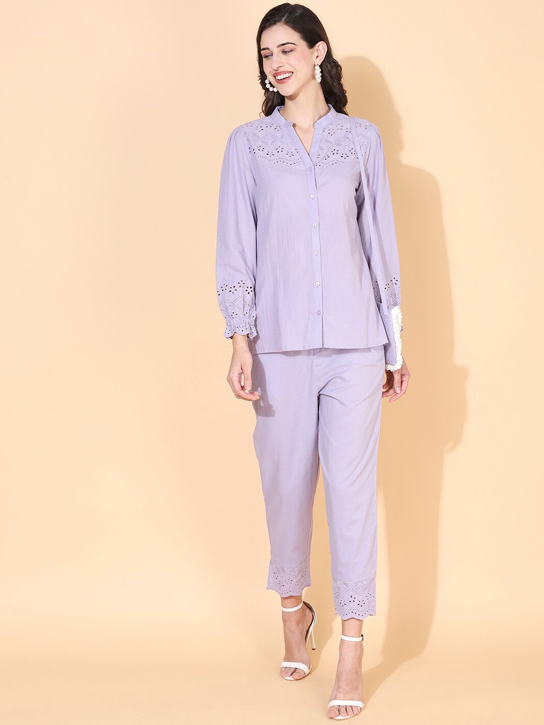 

FASHOR Women Lavender-Colored Yoke Cutwork Embroidered Pure Cotton Shirt With Trouser Co-ords
