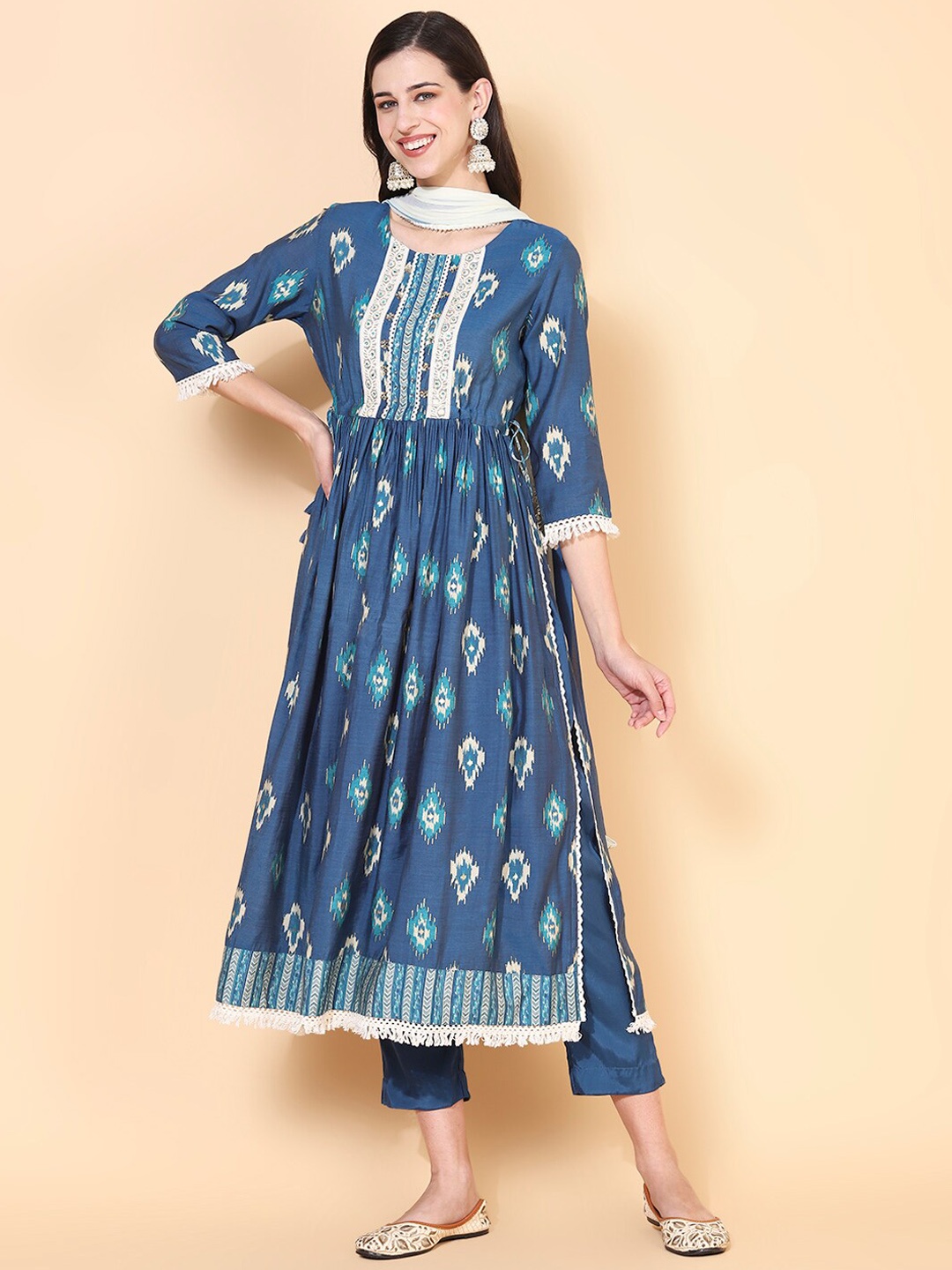 

FASHOR Women Blue Ethnic Motifs Printed Pleated Beads and Stones Kurta with Trousers & With Dupatta