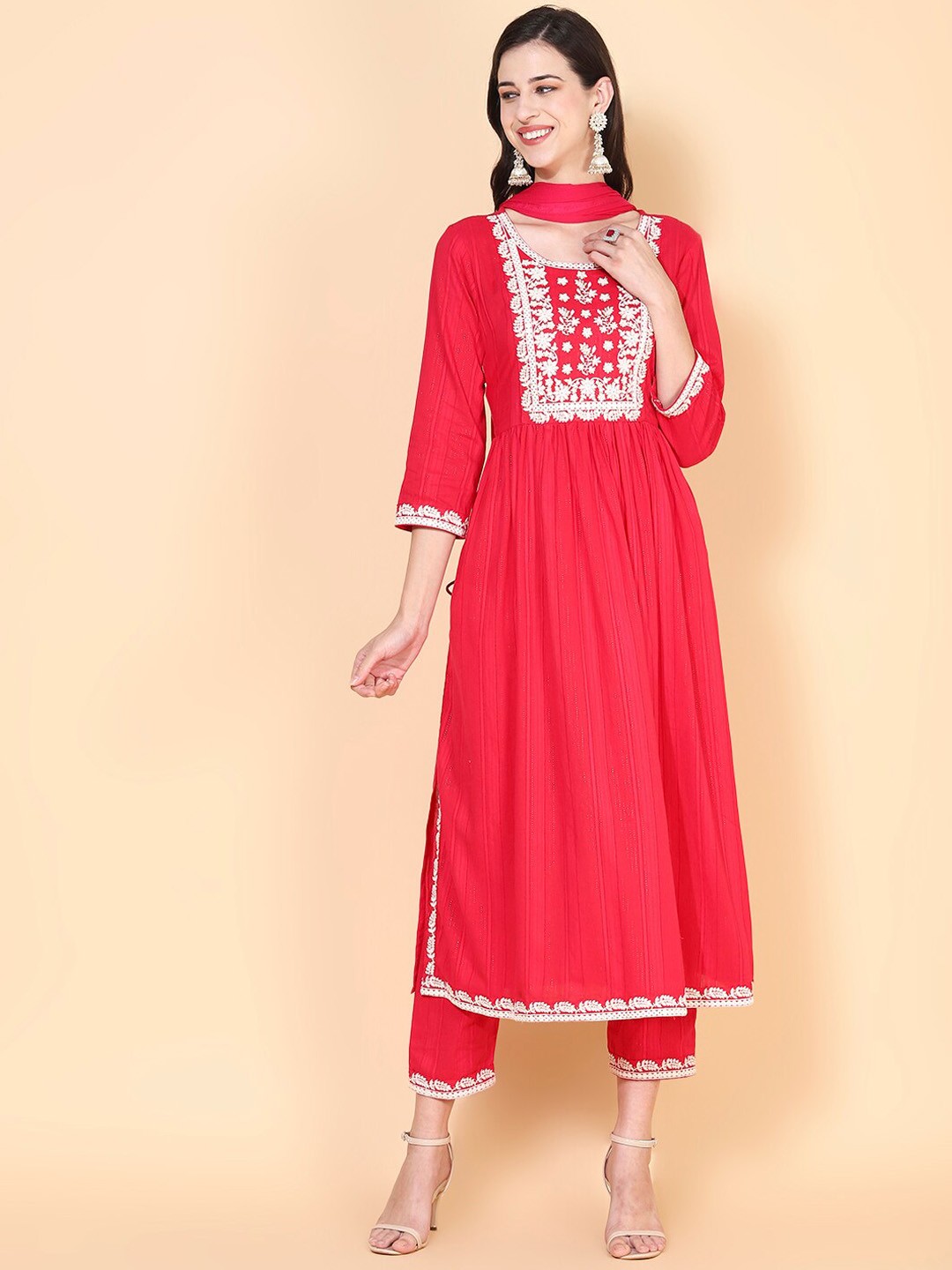 

FASHOR Women Fuchsia Ethnic Motifs Embroidered Pleated Pure Cotton Kurta with Trousers & With Dupatta