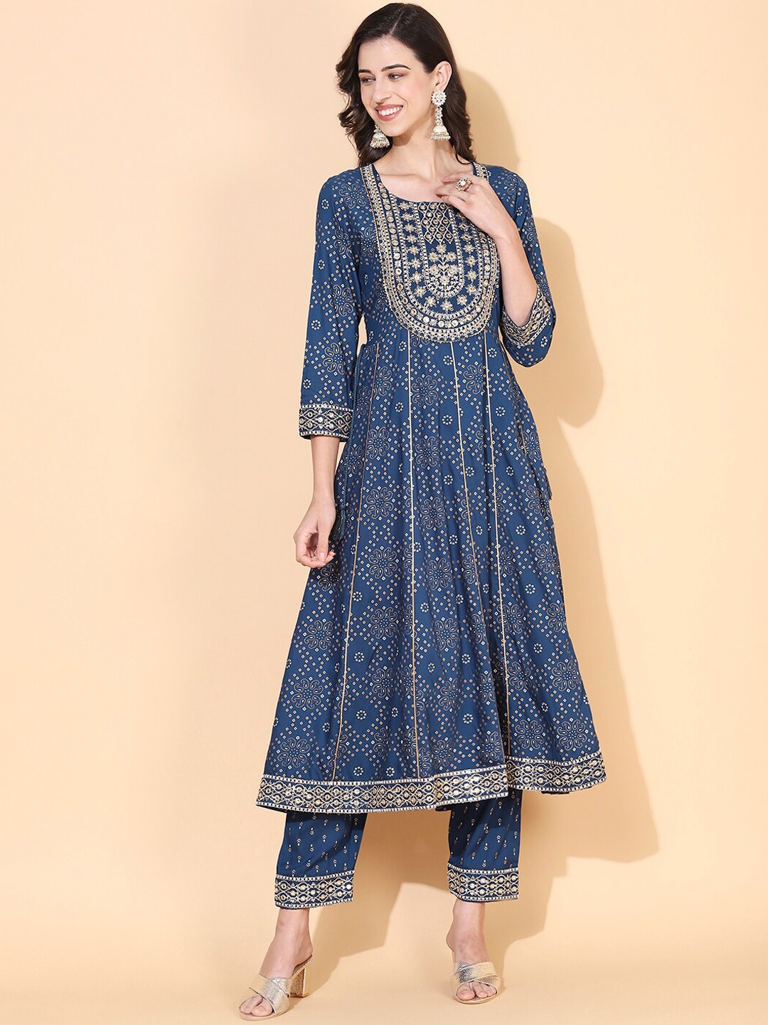 

FASHOR Women Blue Bandhani Embroidered Panelled Mirror Work Kurta with Trousers