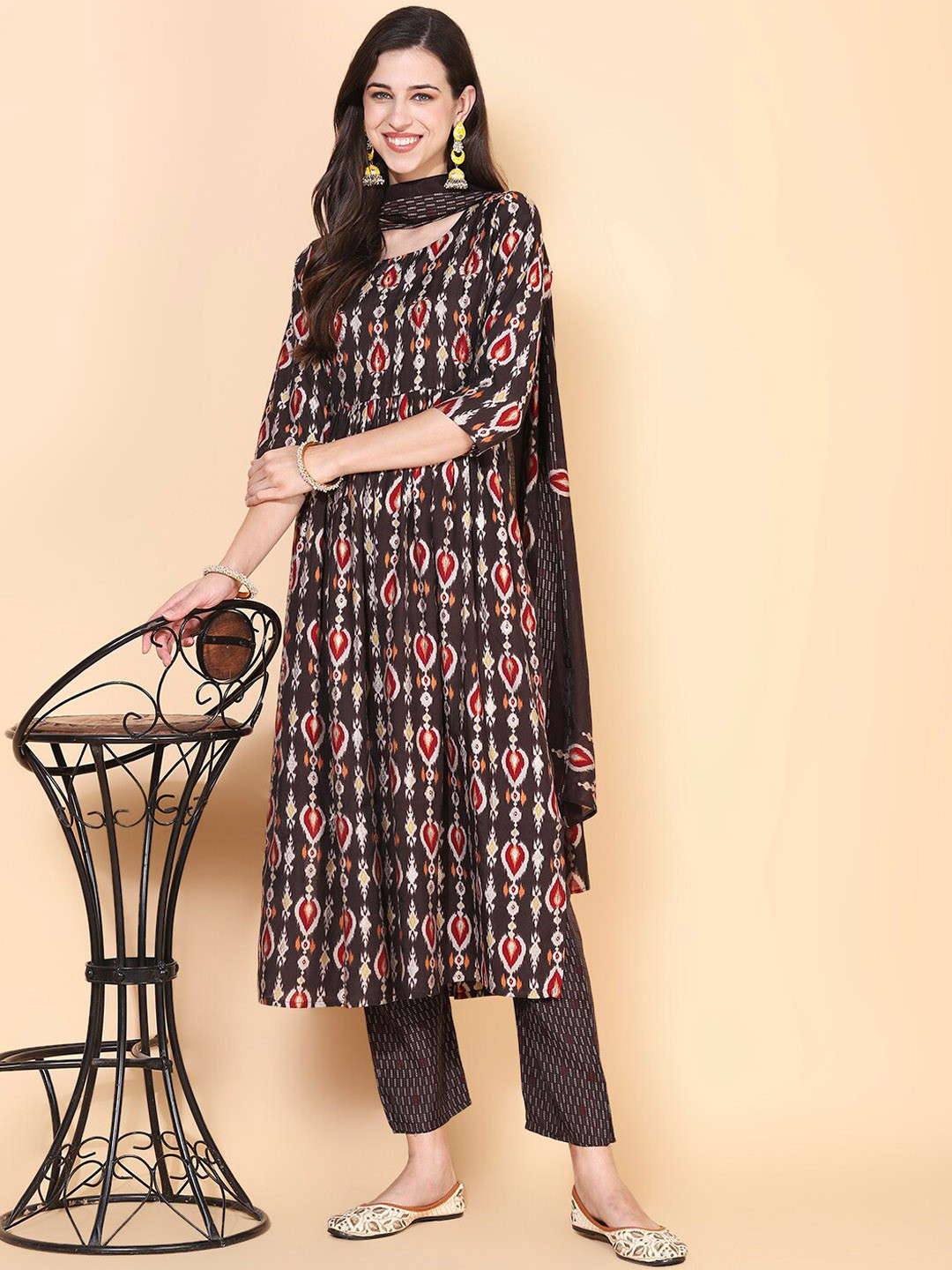 

FASHOR Women Brown Ethnic Motifs Printed Pleated Kurta with Trousers & With Dupatta