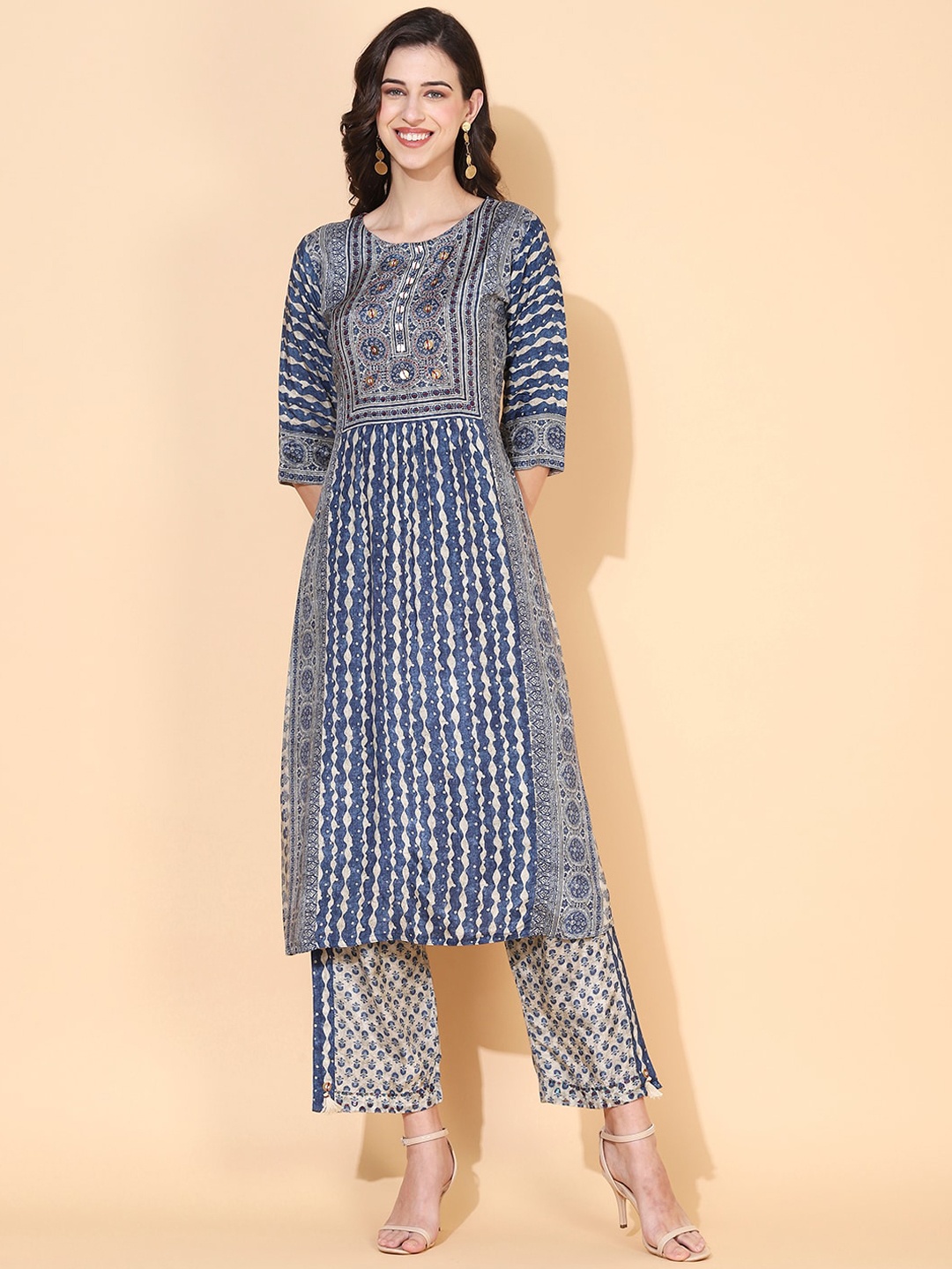 

FASHOR Women Blue Ethnic Motifs Printed Pleated Sequinned Kurta with Trousers