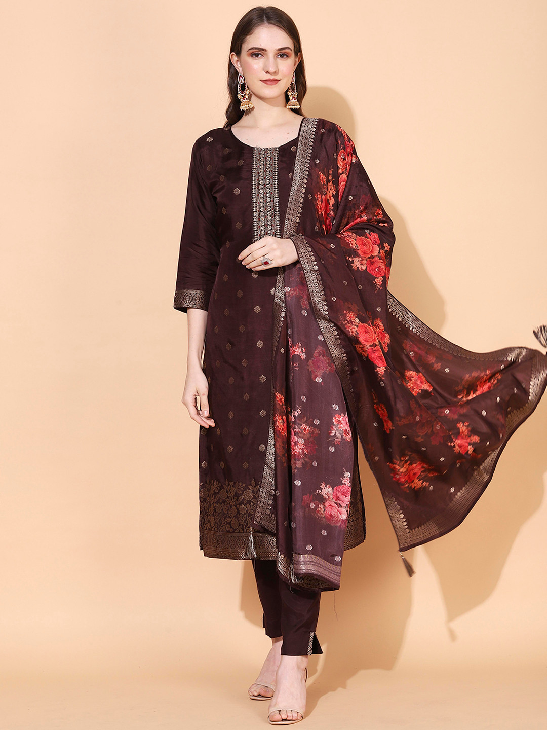 

FASHOR Women Brown Kurta with Trousers & With Dupatta