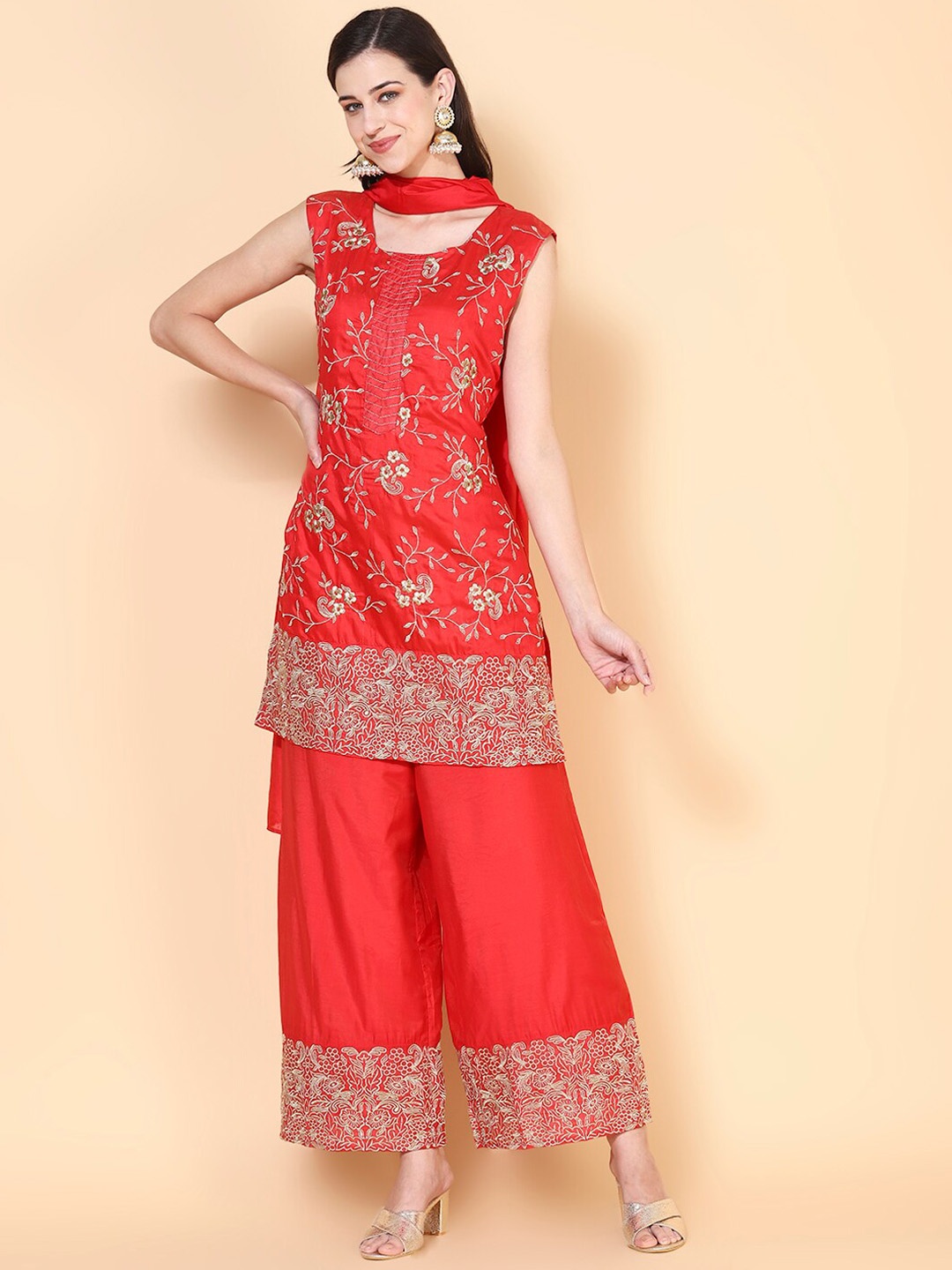 

FASHOR Women Red Ethnic Motifs Embroidered Kurti with Palazzos & With Dupatta