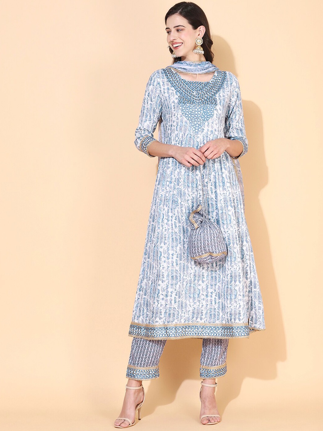 

FASHOR Women Blue Floral Printed High Slit Gotta Patti Kurta with Trousers & With Dupatta