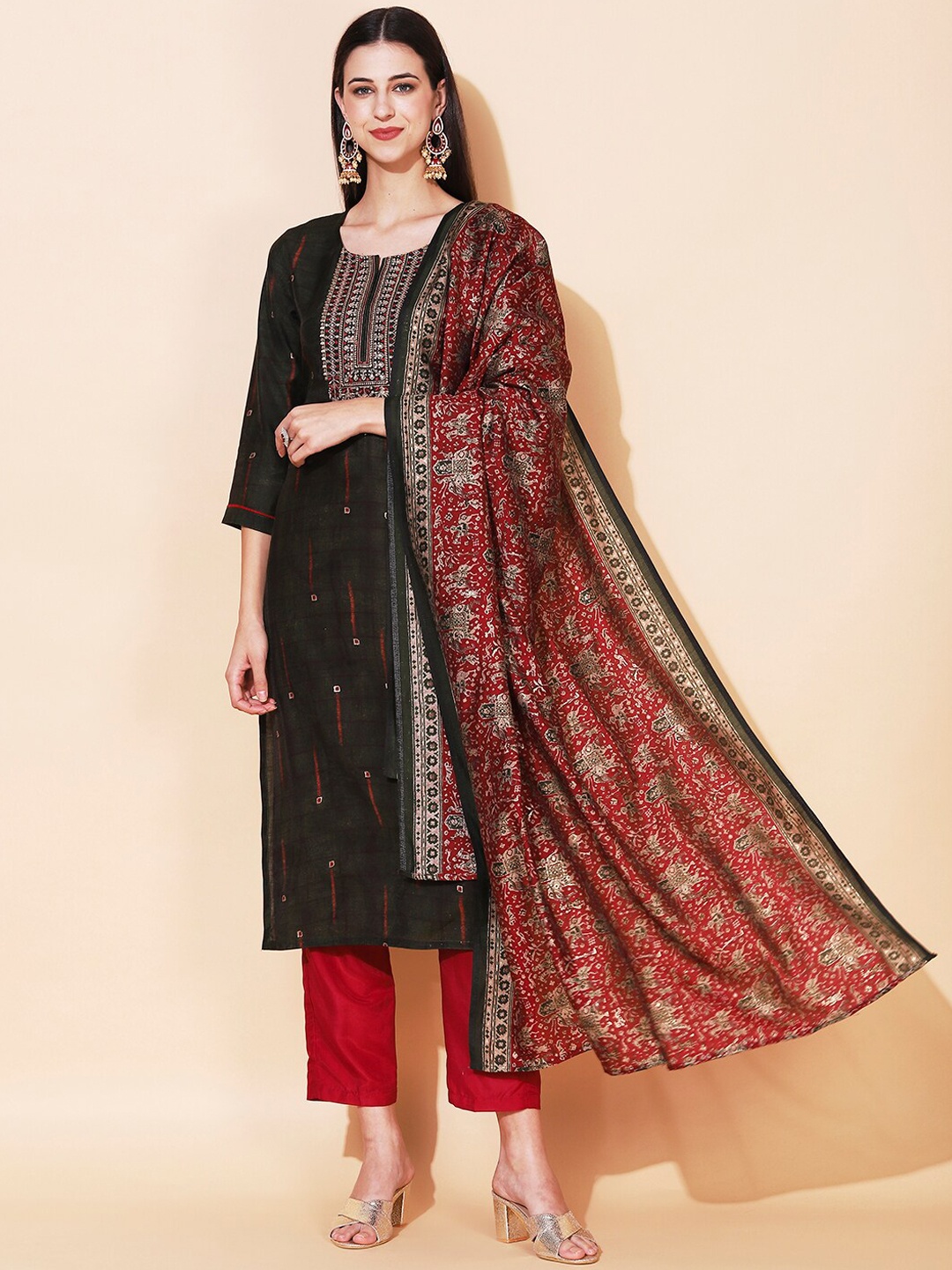

FASHOR Women Green Printed Silk Kurta