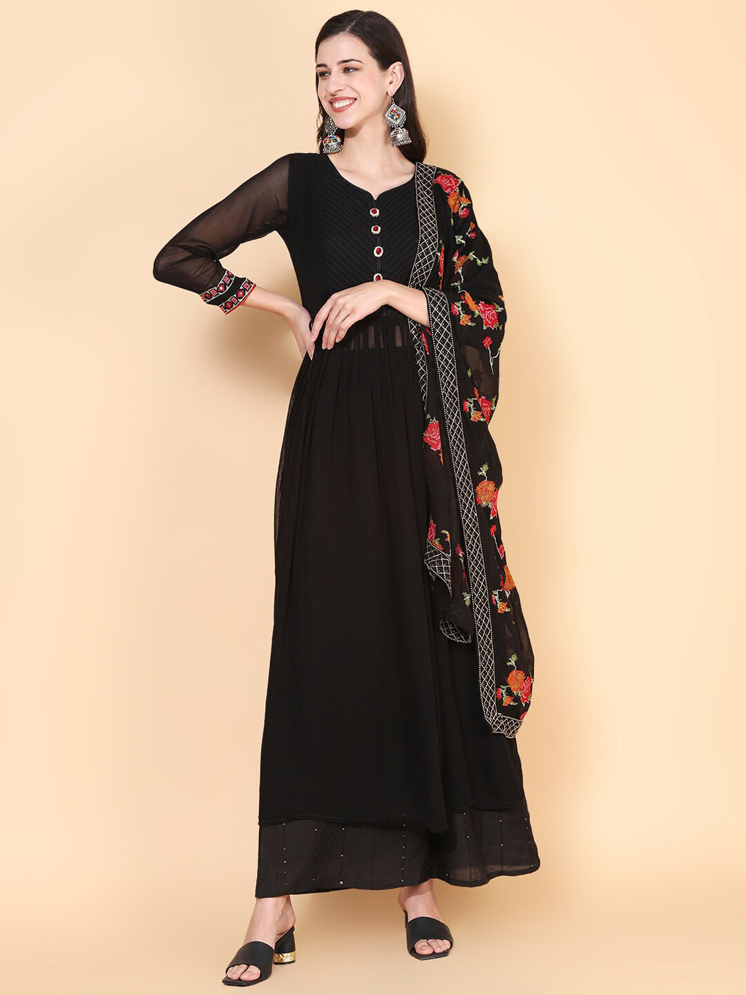 

FASHOR Women Black Pleated Beads and Stones Kurta with Palazzos & With Dupatta