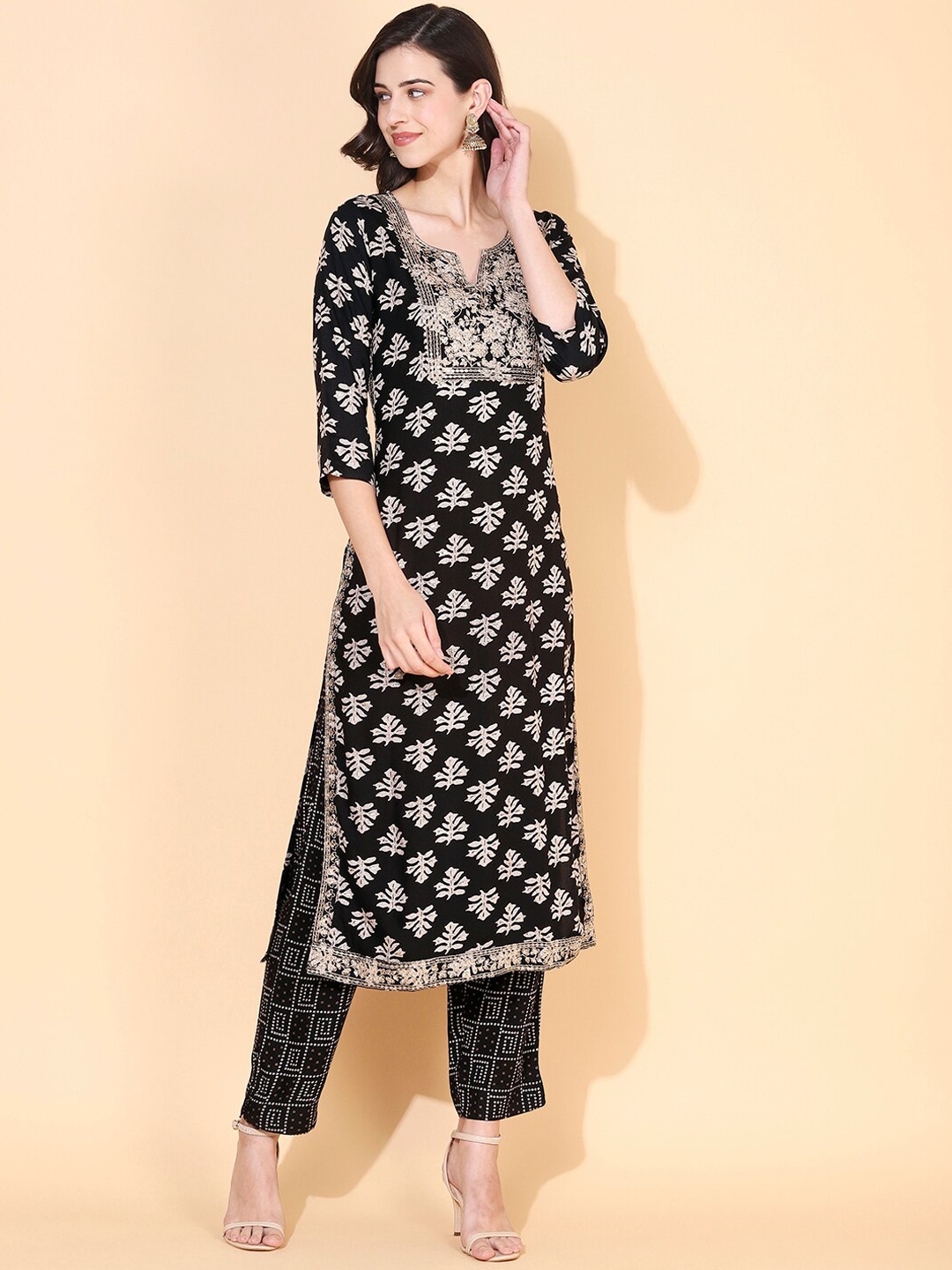 

FASHOR Women Black Ethnic Motifs Printed Sequinned Kurta with Trousers