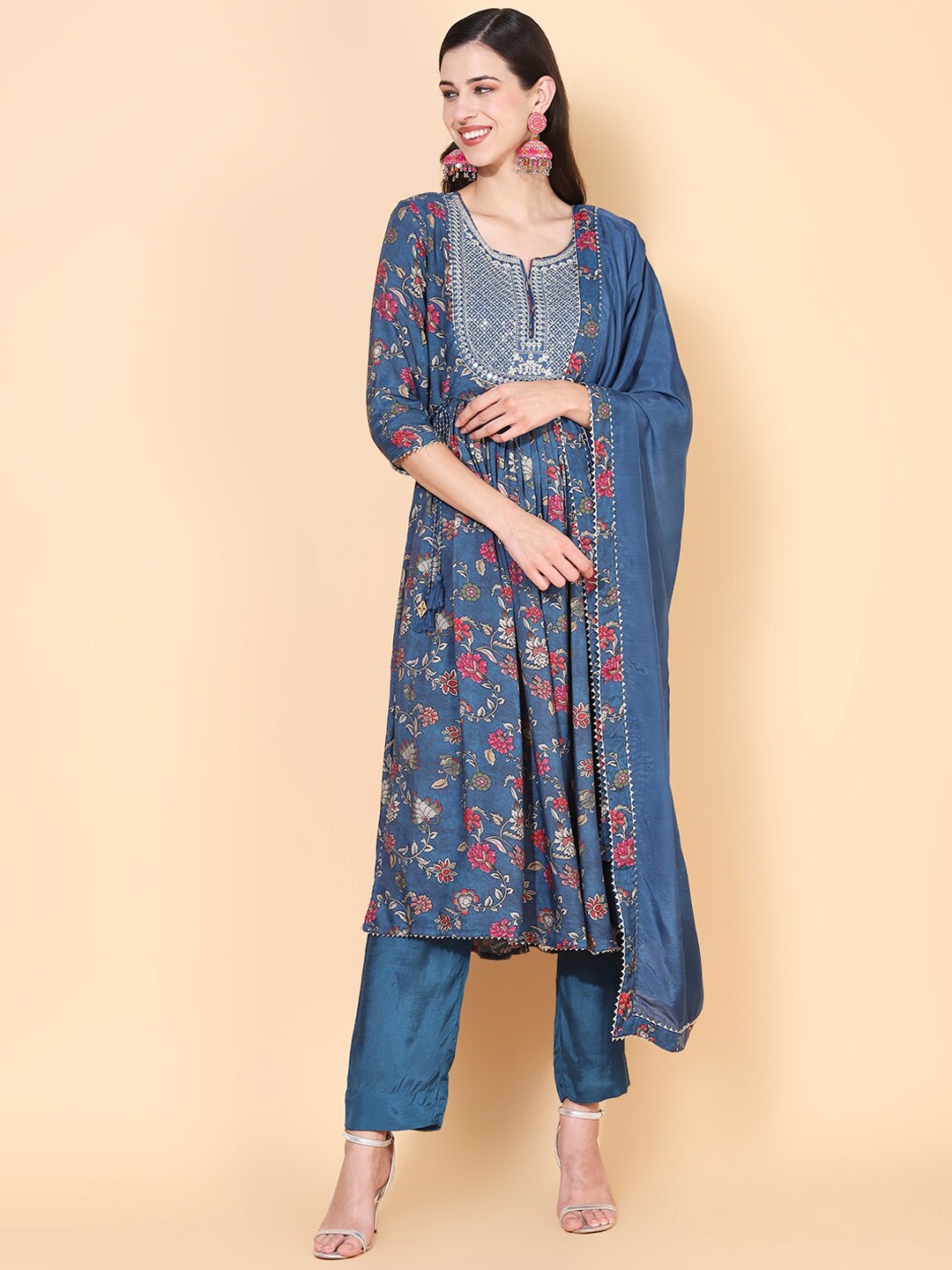 

FASHOR Women Teal Floral Printed Pleated Sequinned Kurta with Trousers & With Dupatta