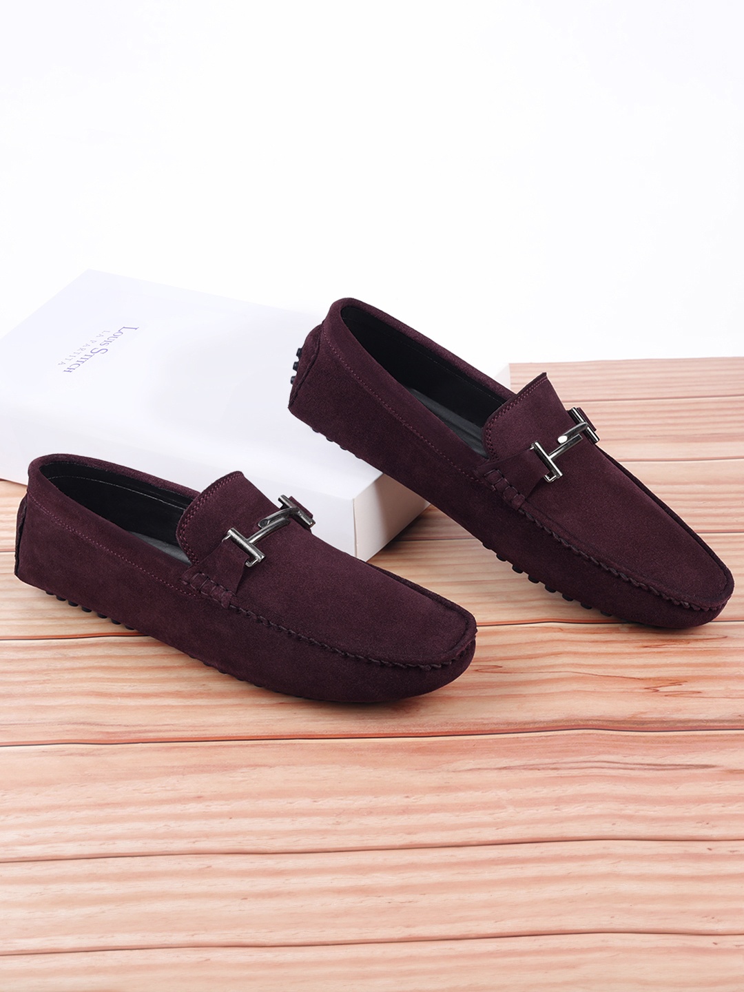 

Louis Stitch Men Rosewood Italian Suede Leather Handmade Driving Loafers, Maroon