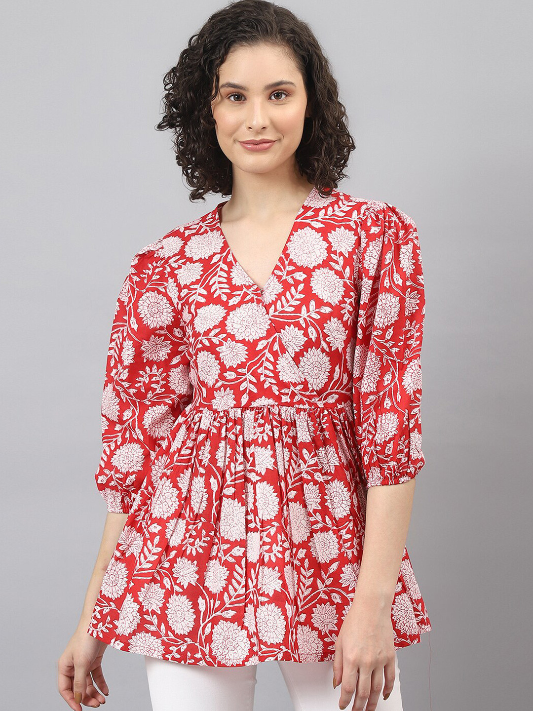 

DEEBACO Red & White Pure Cotton Floral Print Cinched Waist Top