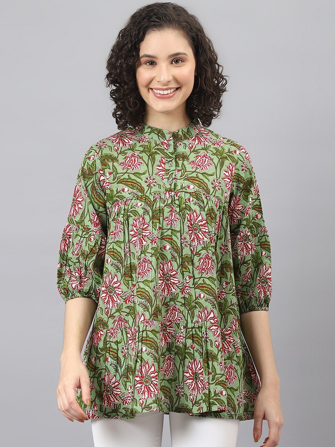 

DEEBACO Green Floral Print Mandarin Collar Pure Cotton Top