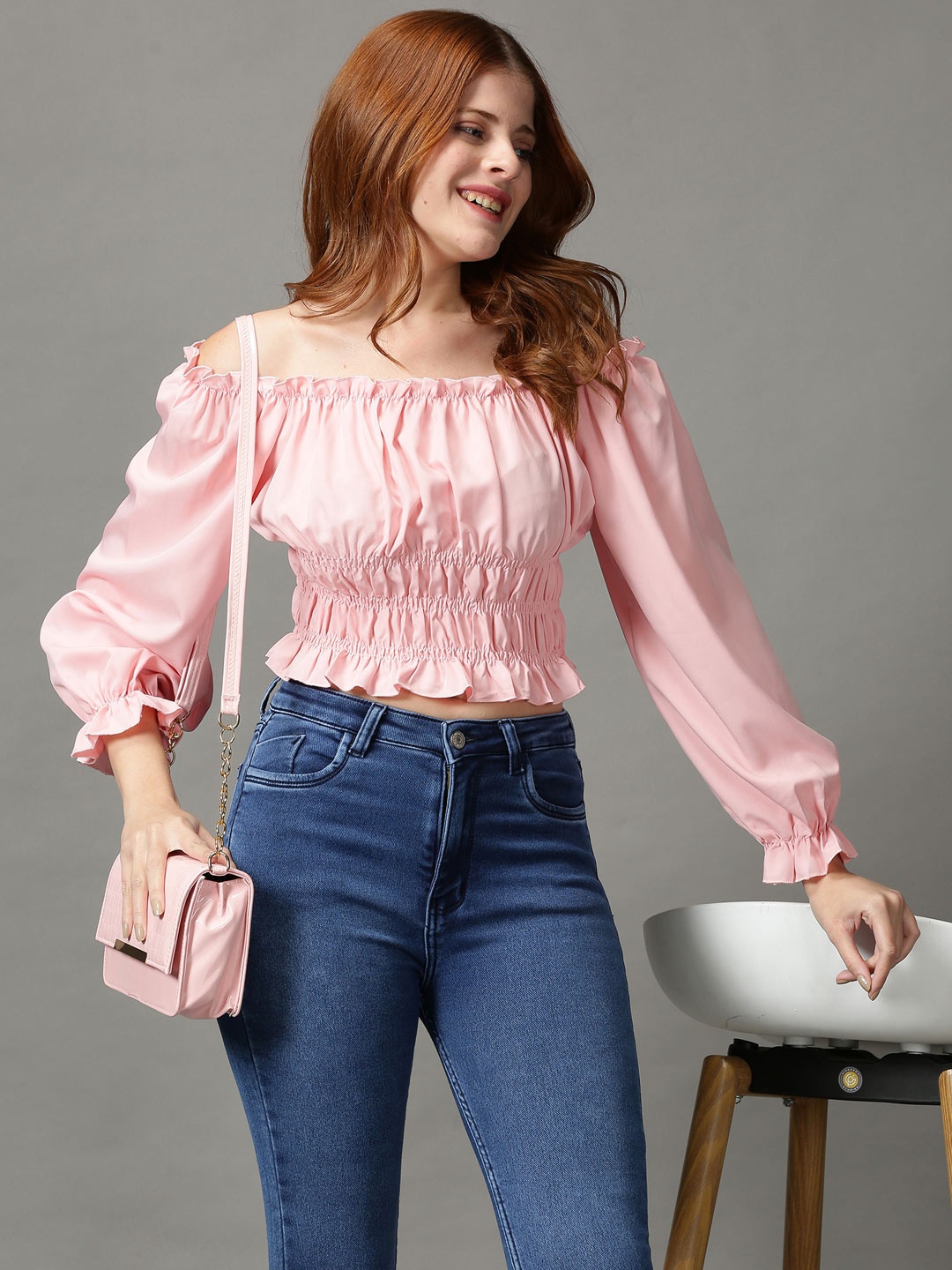 

SHOWOFF Pink Off-Shoulder Bardot Crop Top