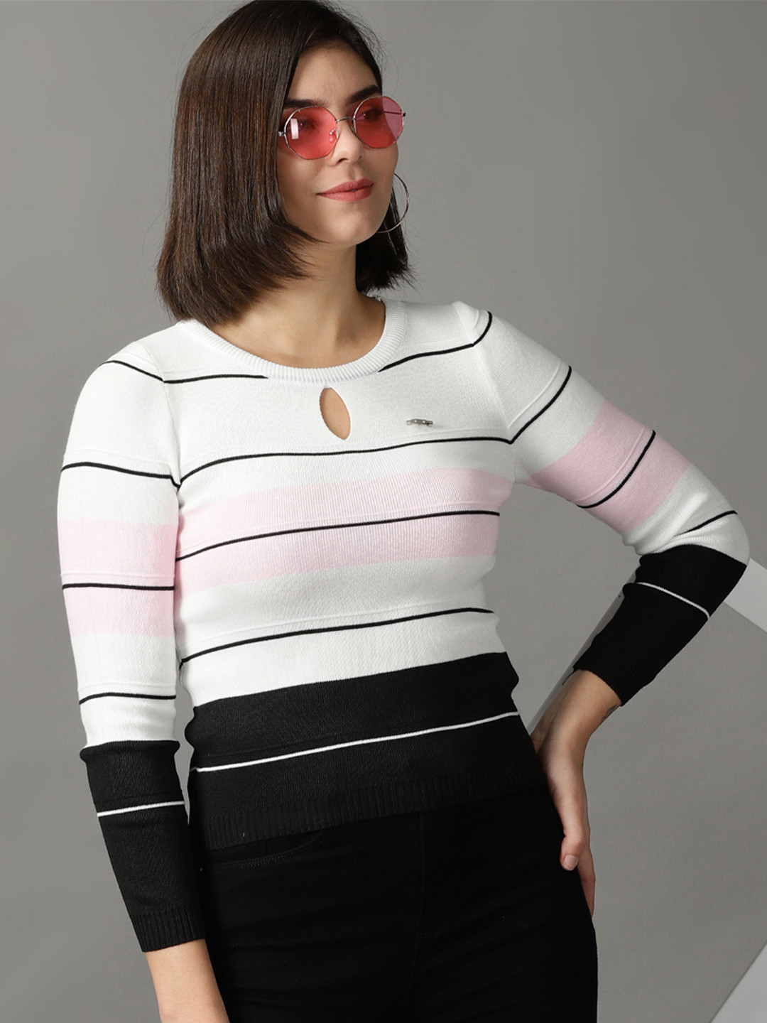 

SHOWOFF White & Black Striped Keyhole Neck Top