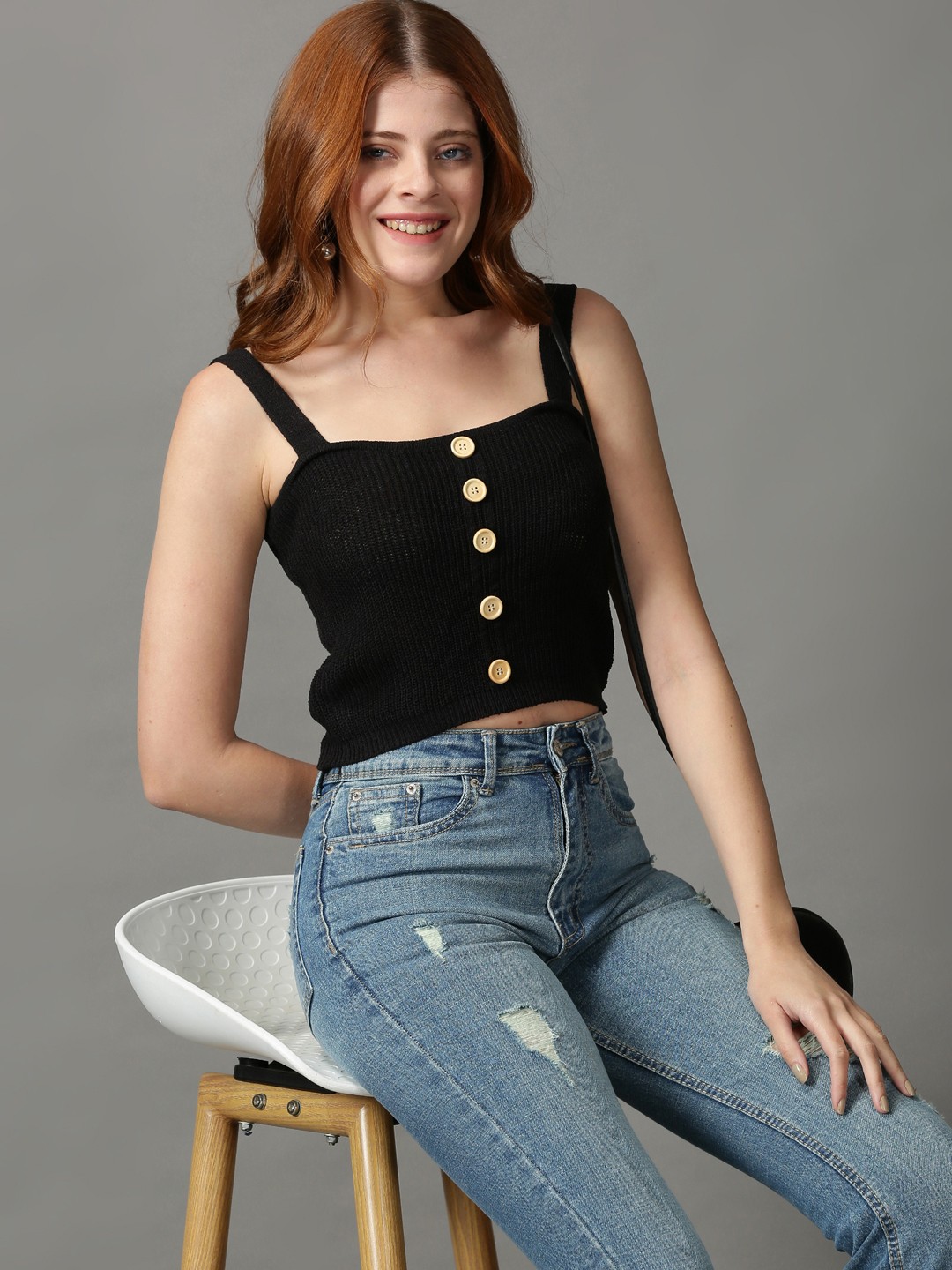 

SHOWOFF Black Shoulder Straps Fitted Crop Top