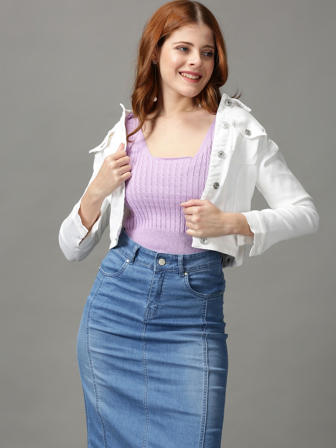 

SHOWOFF Lavender Self Design Shoulder Straps Fitted Top