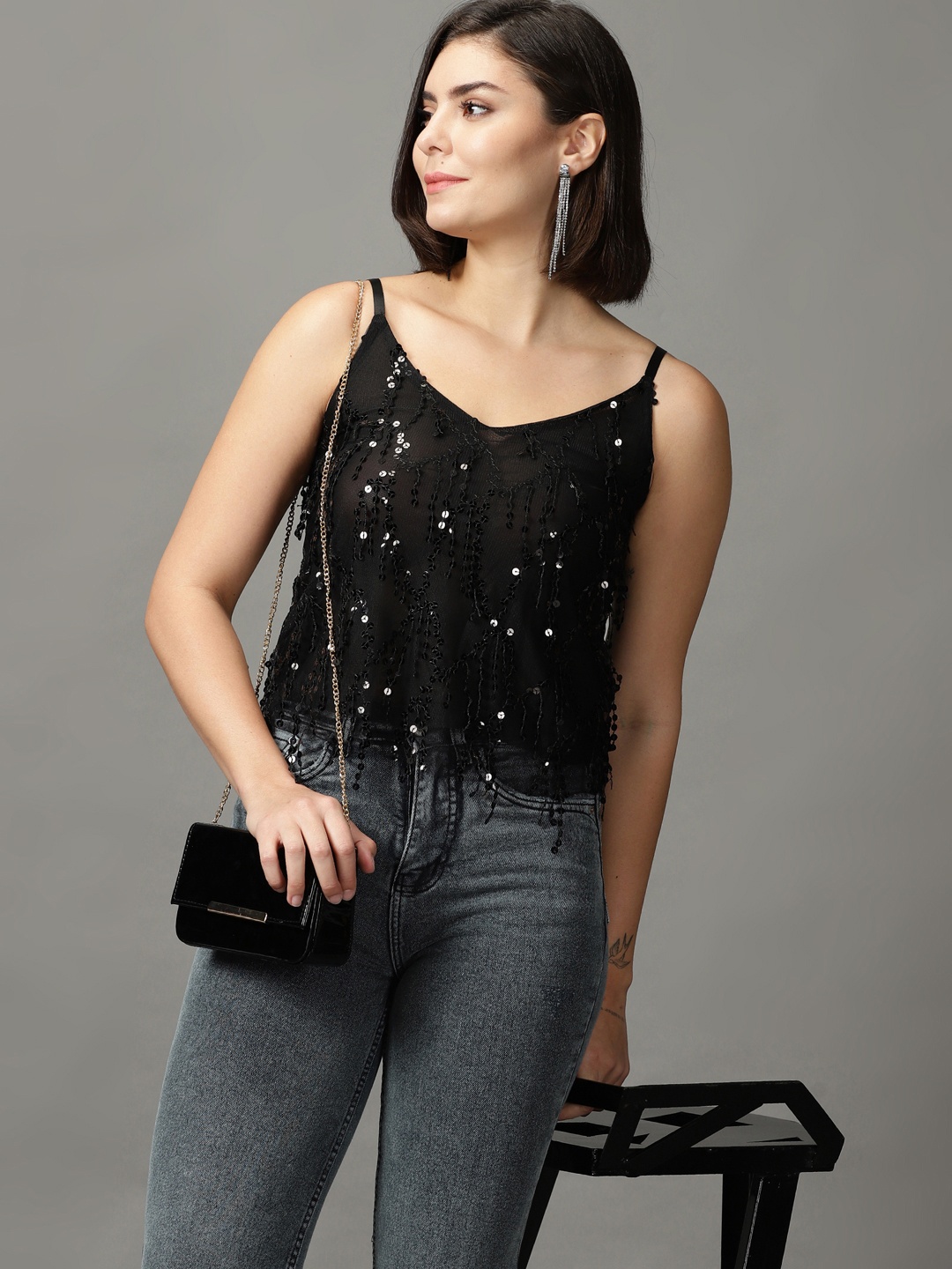 

SHOWOFF Black Sequined Embellished Shoulder Straps Net Top