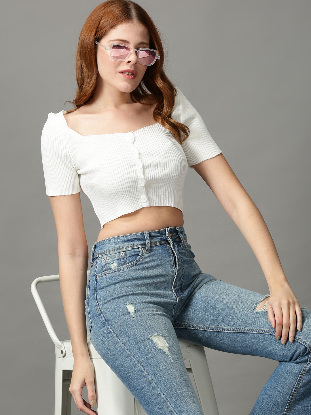 

SHOWOFF White Square Neck Acrylic Crop Top