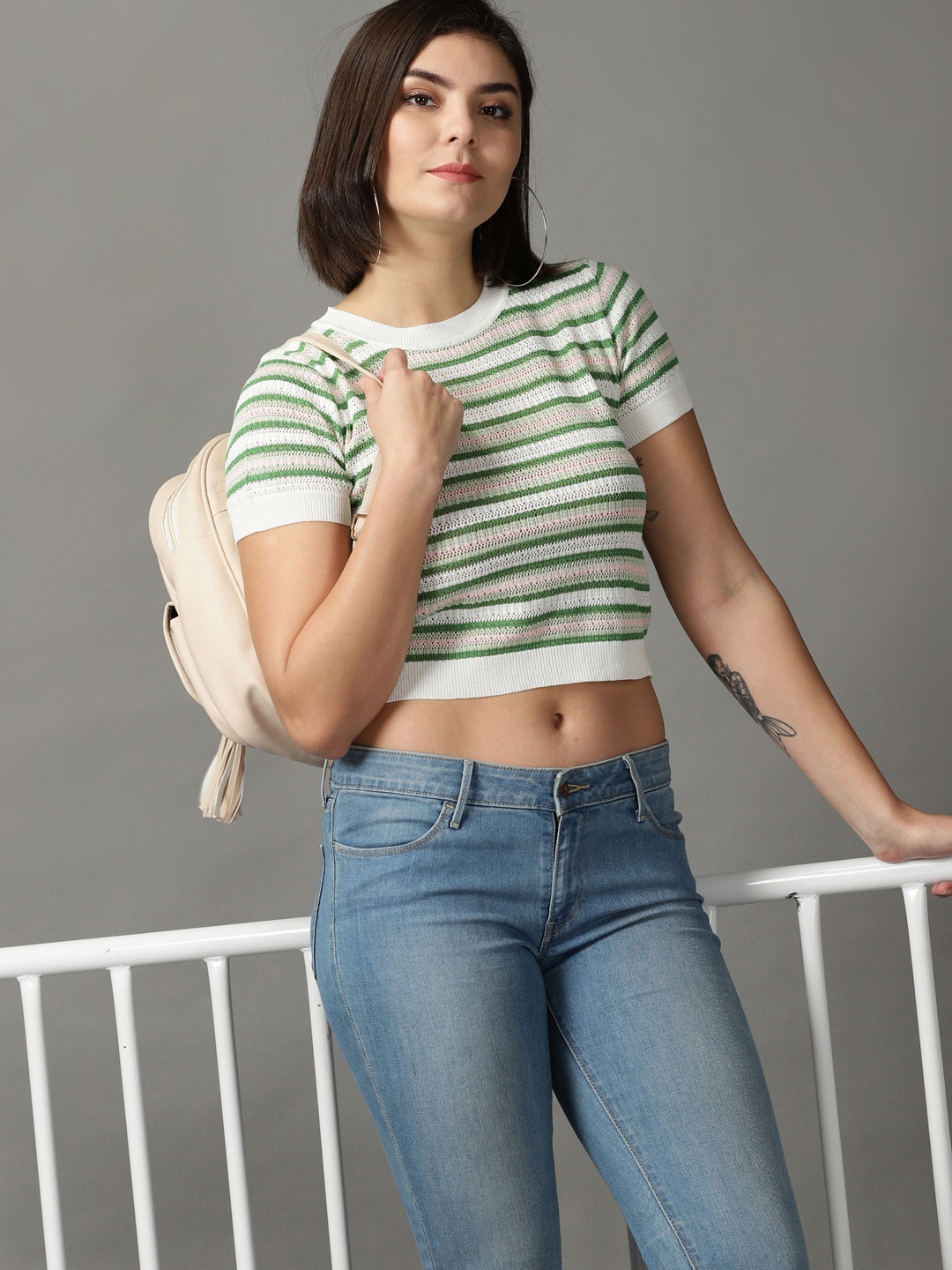 

SHOWOFF Green & White Striped Lace Crop Top